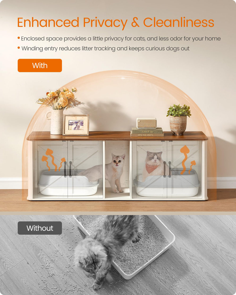 Feandrea honey-brown rustic finish blends with furnishings while keeping litter hidden.