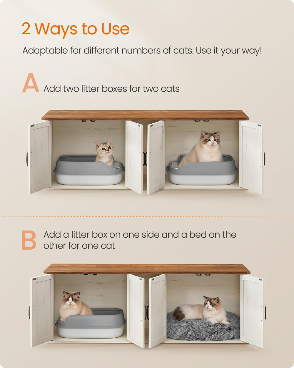 Feandrea double cat litter box privacy enclosure highlights calm, contained litter area.