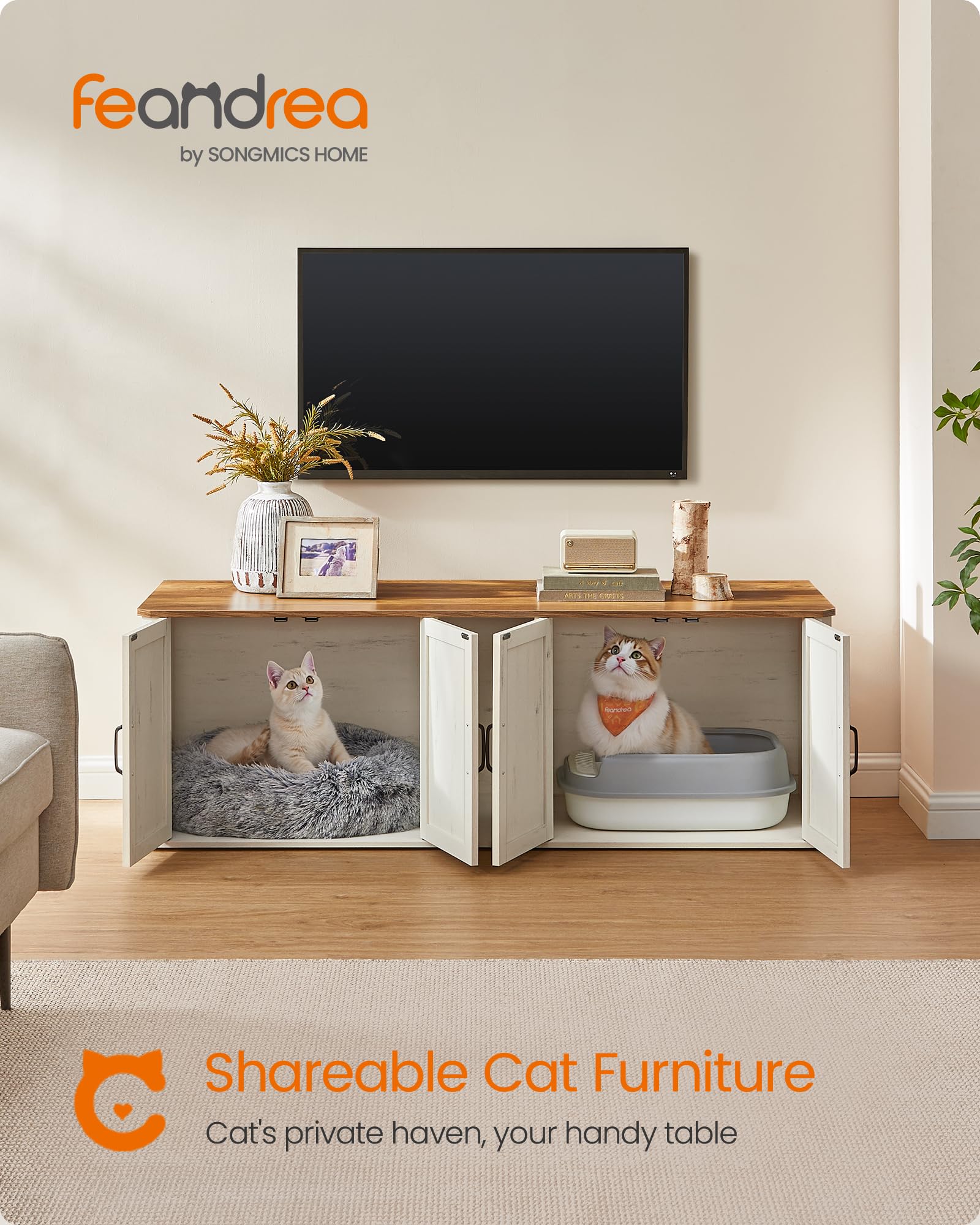 Feandrea double cat litter box side cabinets illustrate two separate litter or bed zones.