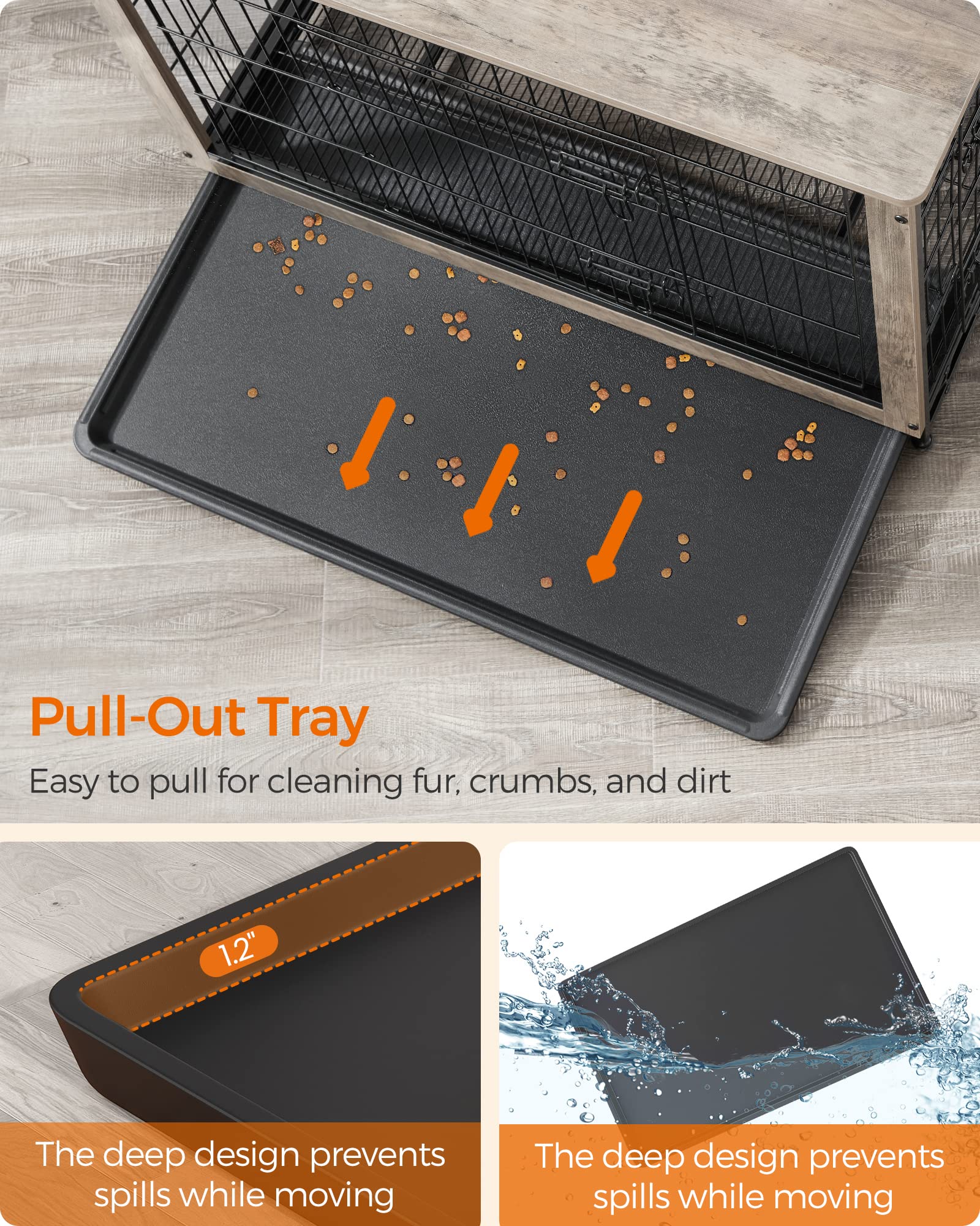 Easy-clean tray from Feandrea kennel keeps floors neat