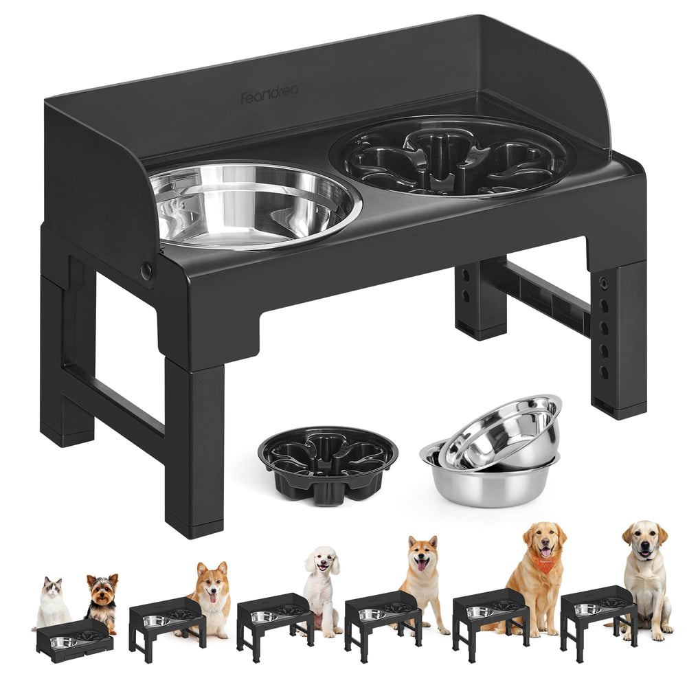 Feandrea elevated dog bowls stand with two stainless bowls for mess-free feeding.
