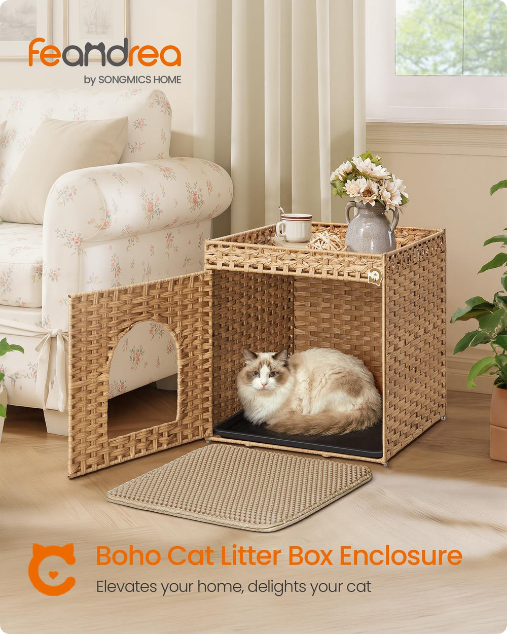 Feandrea handwoven rattan cabinet interior provides natural light and privacy.