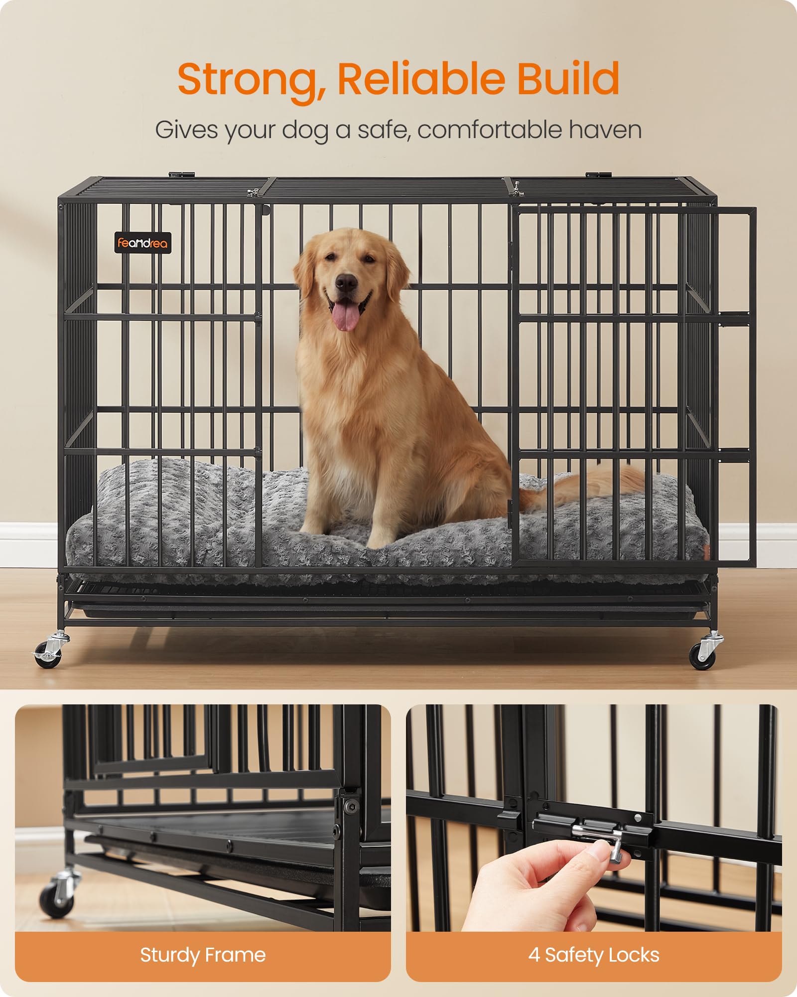 Feandrea heavy-duty dog crate escape-proof bottom emphasizes secure mesh and paw safety