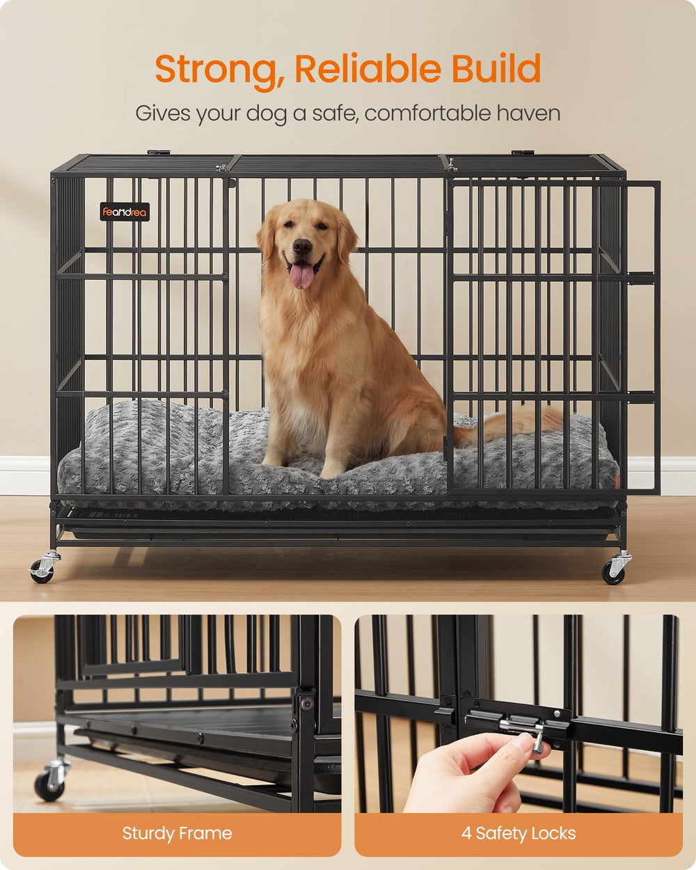 Feandrea heavy-duty dog crate escape-proof bottom emphasizes secure mesh and paw safety