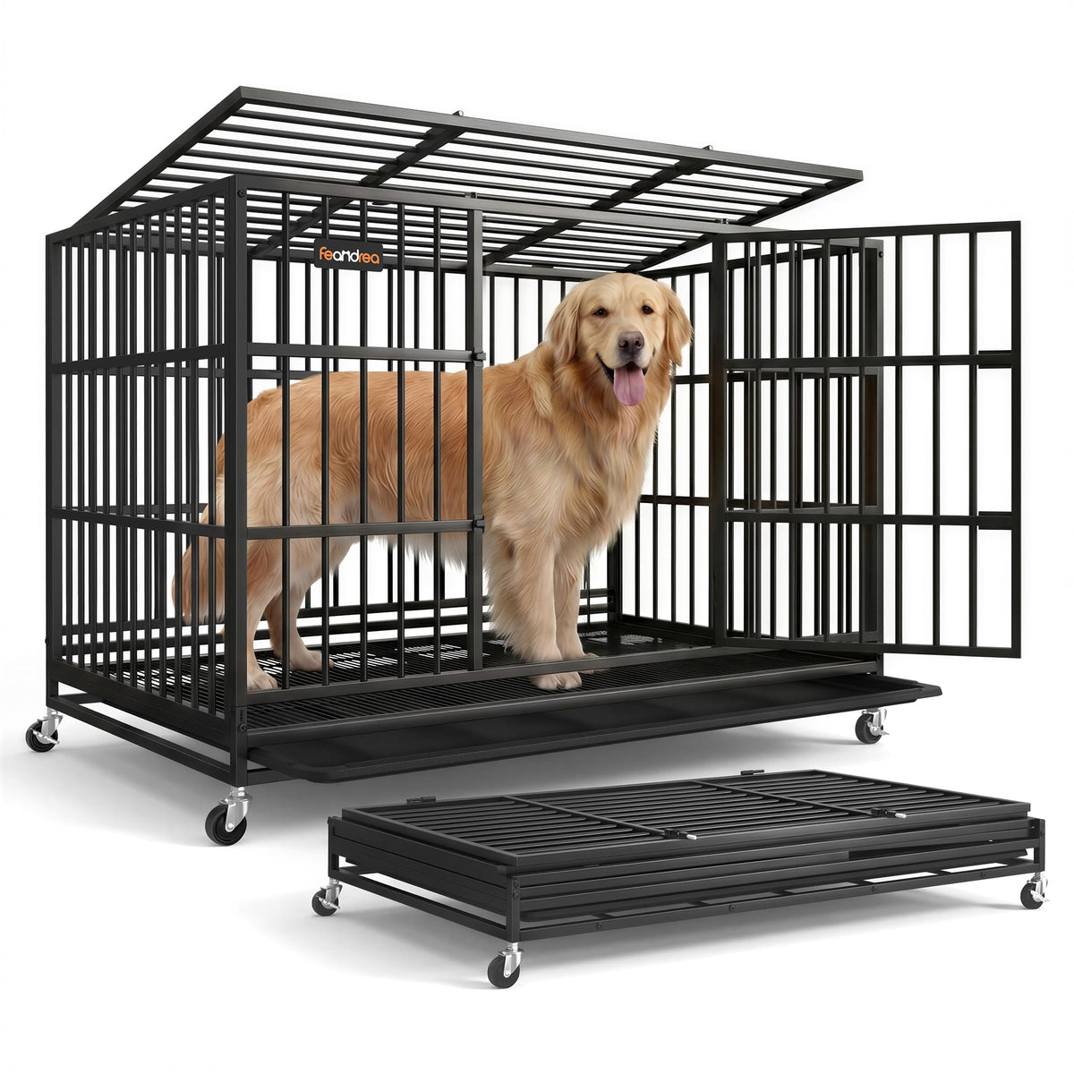 Feandrea heavy-duty dog crate front view with a sturdy frame for confident, safe containment