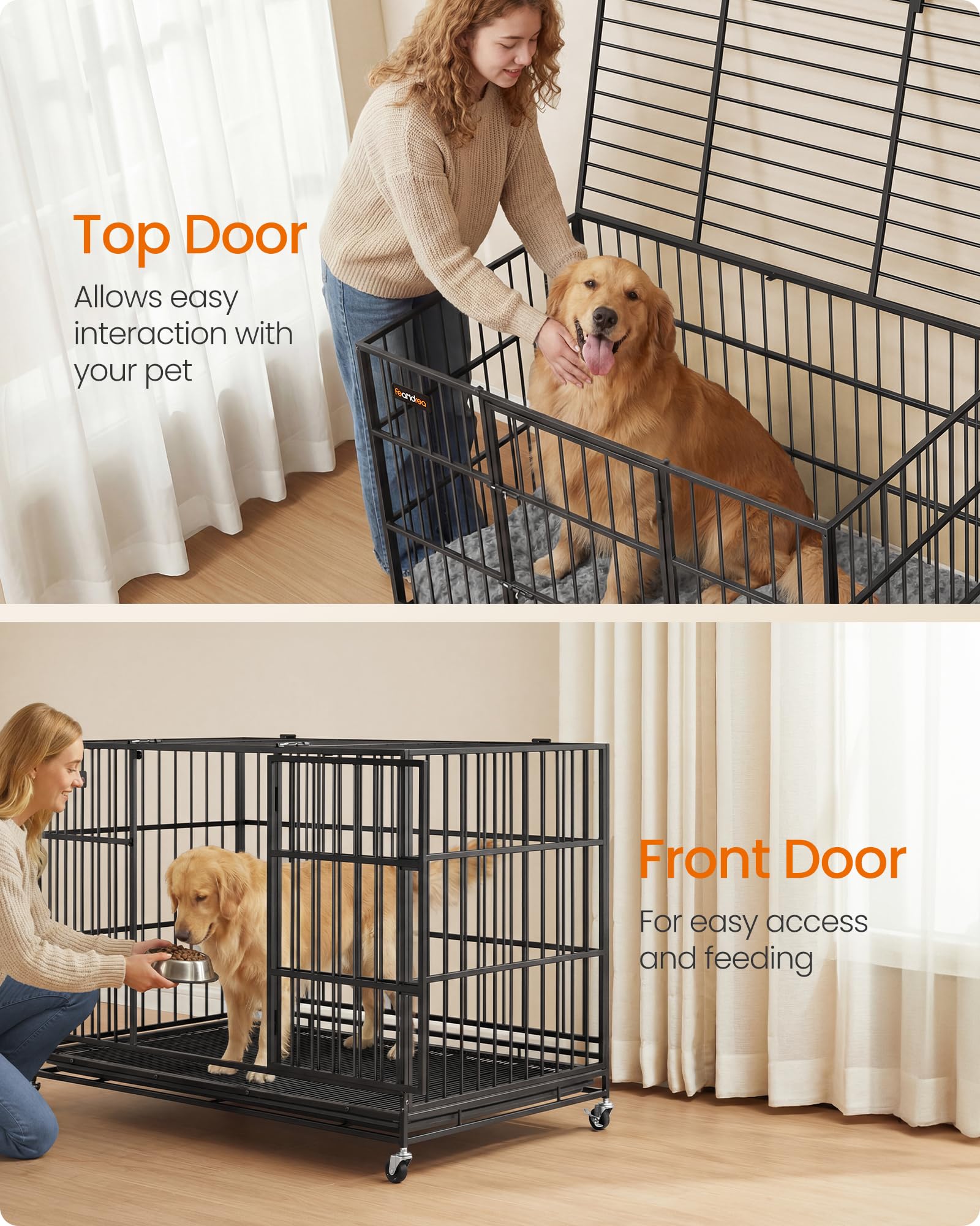 Feandrea heavy-duty dog crate removable tray ready for quick cleaning and mess management