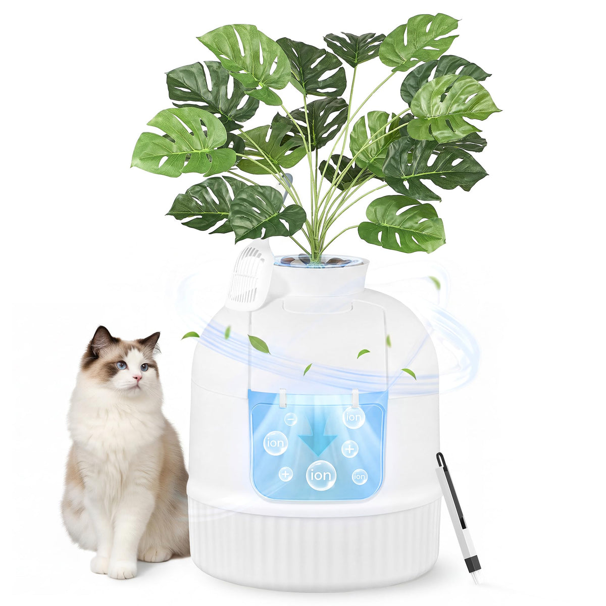 Feandrea hidden litter box with artificial plant blends with home decor while concealing waste.