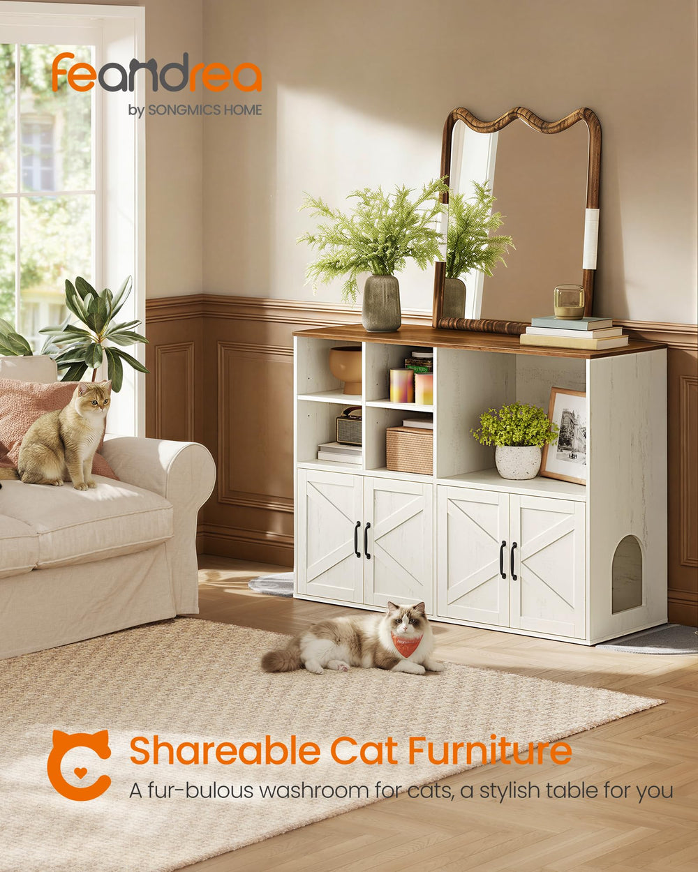 Feandrea barn doors showcase rustic style while concealing litter boxes.