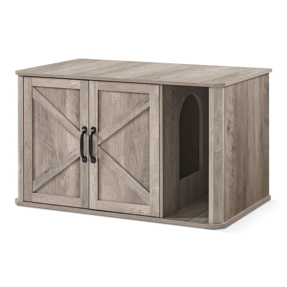 Feandrea litter box enclosure with front entry hides mess and eases access.