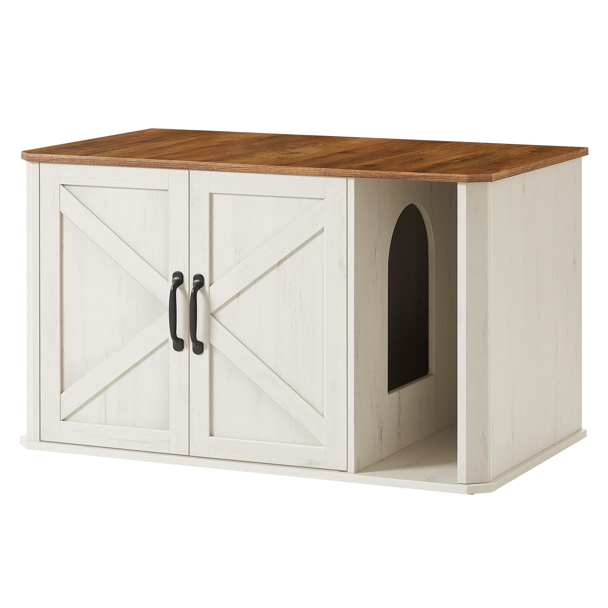 Feandrea litter box enclosure with front entry reduces mess.