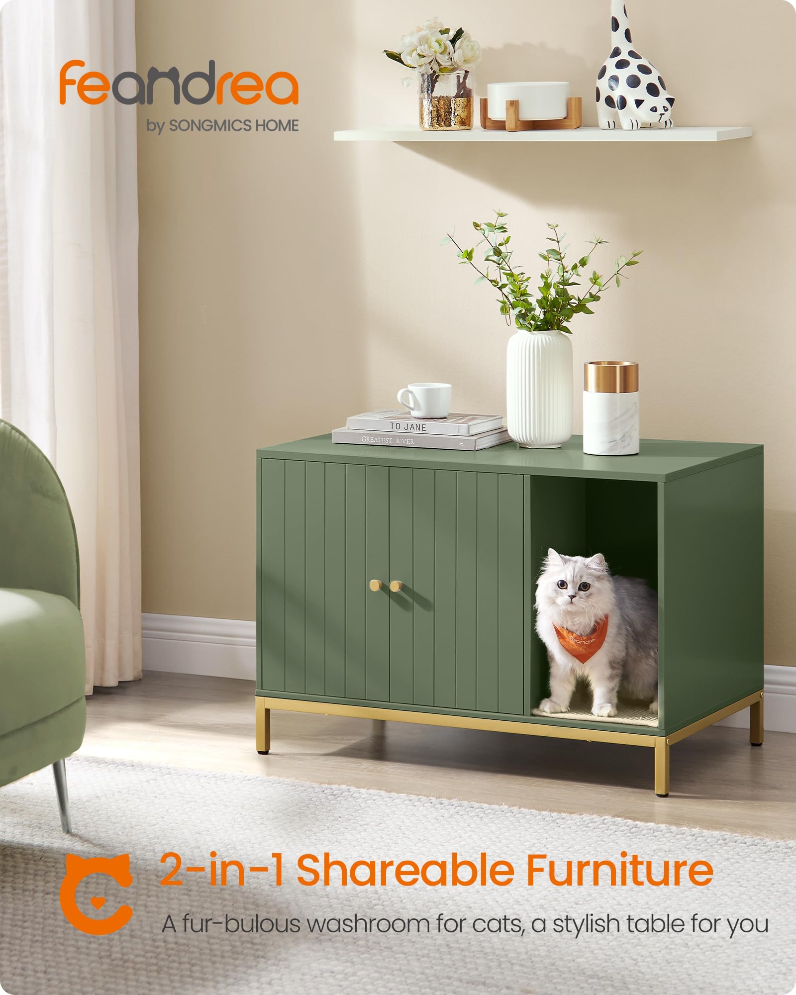 Feandrea litter box enclosure with gold frame adds modern contrast at home.