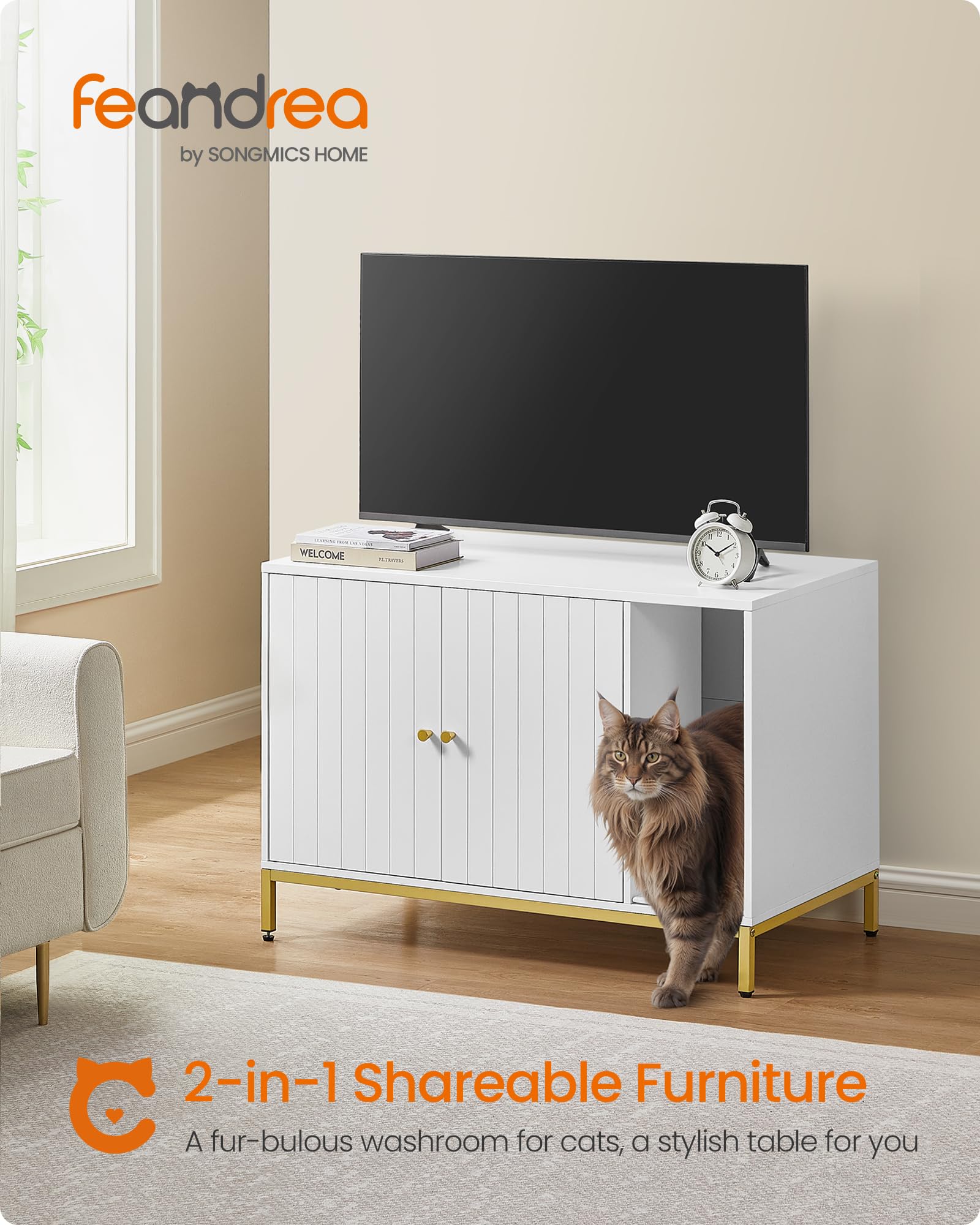 Feandrea litter box enclosure with scratch pad guiding litter and reducing mess.