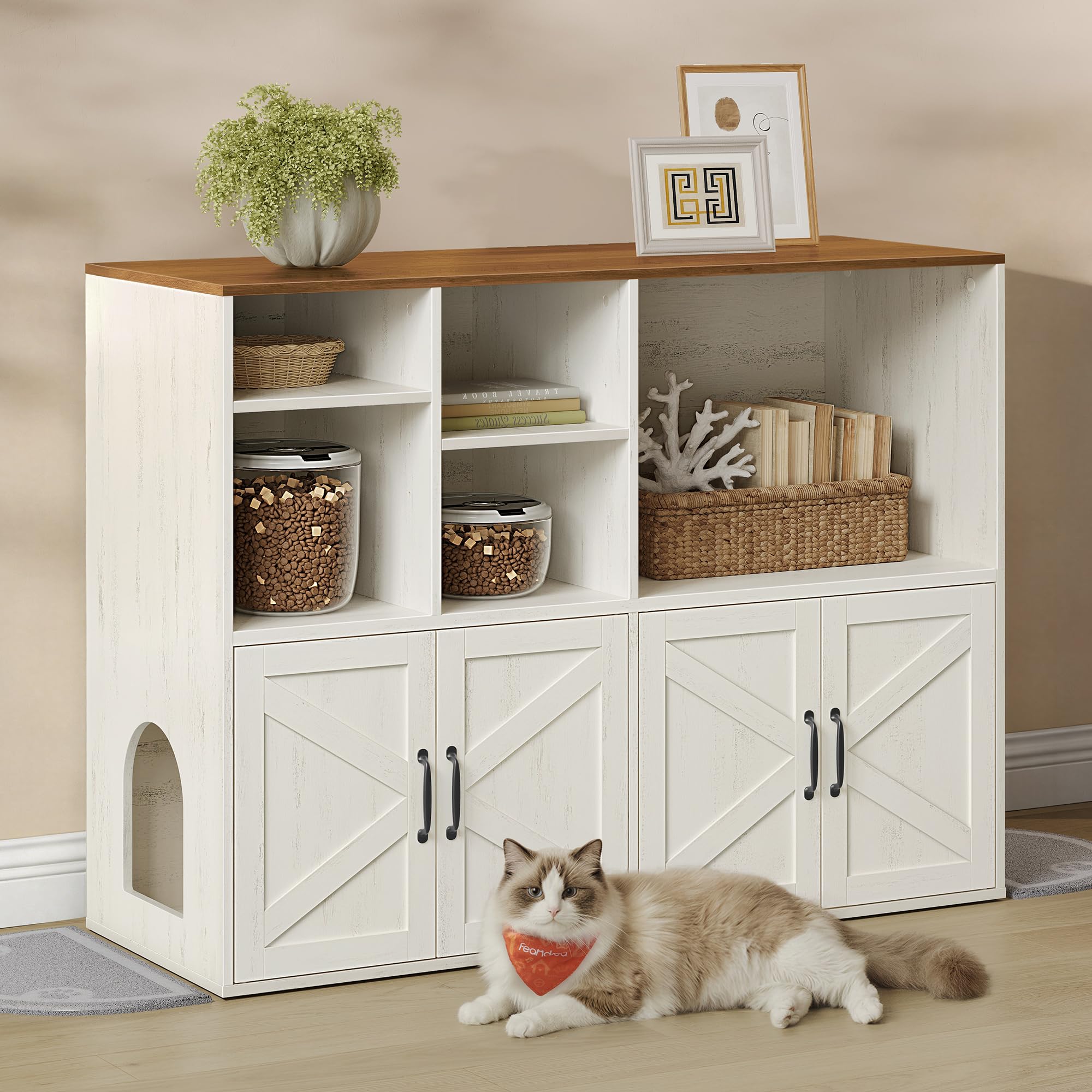 Feandrea litter box enclosure with two rooms providing private space for cats and reducing clutter.