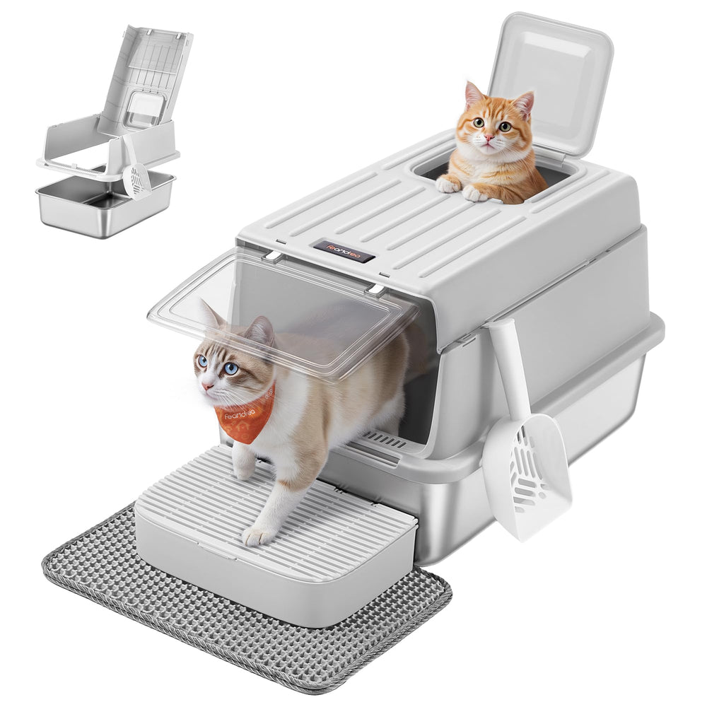 Feandrea stainless steel litter box with flip lid for easy scooping and mess control.