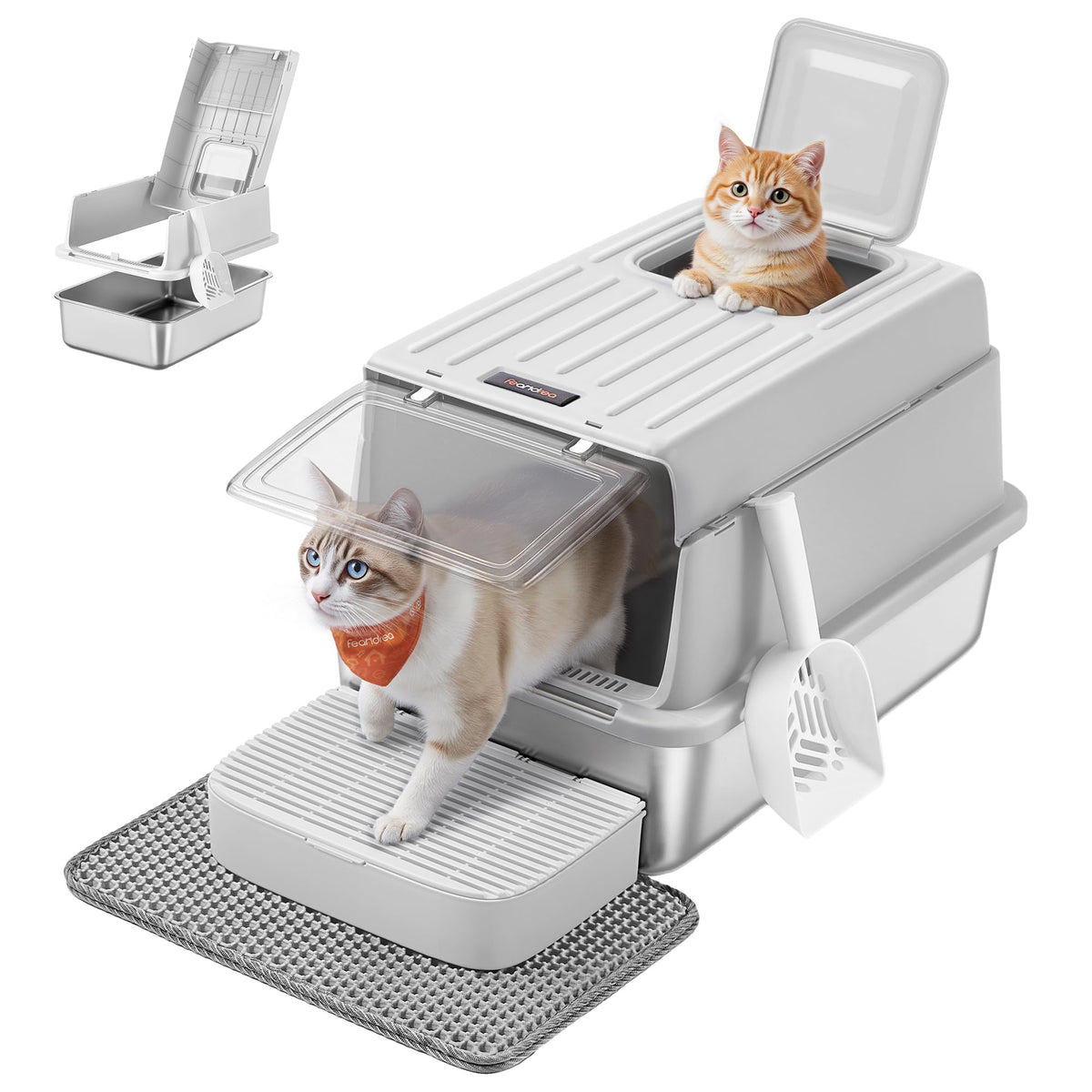 Feandrea stainless steel litter box with flip lid for easy scooping and mess control.