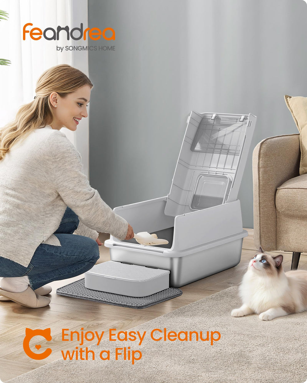 Feandrea litter box with two doors provides flexible entry for comfortable cats.