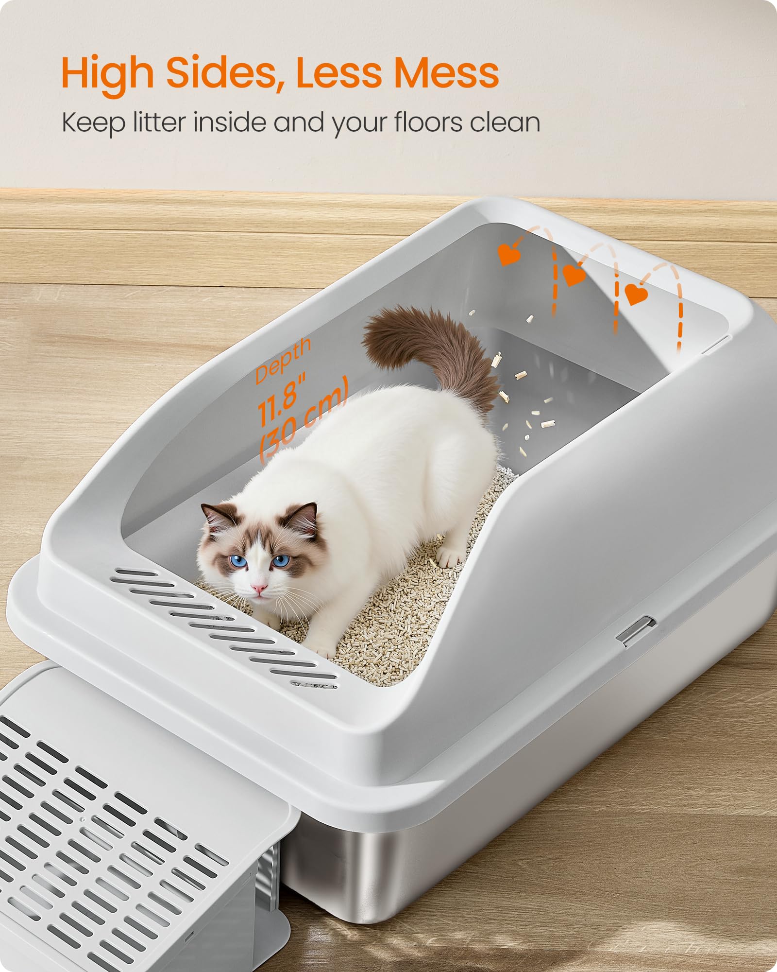 Feandrea litter box with low front entry and ramp for easy access.