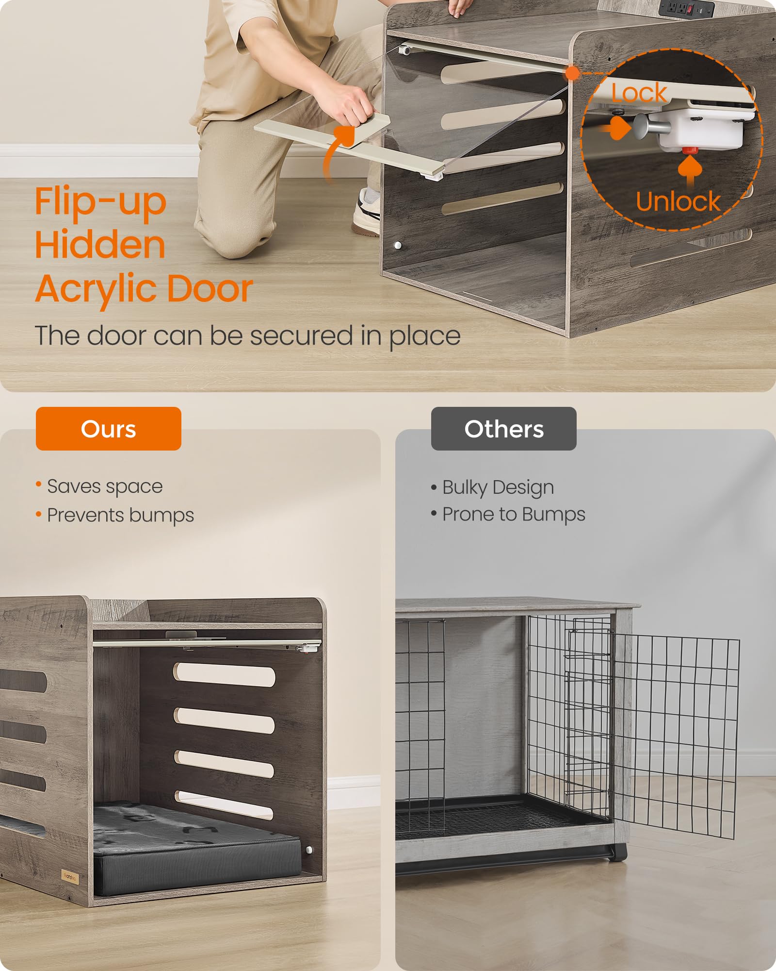 Feandrea crate interior space demonstrates ample room for small to medium dogs up to 45 lb