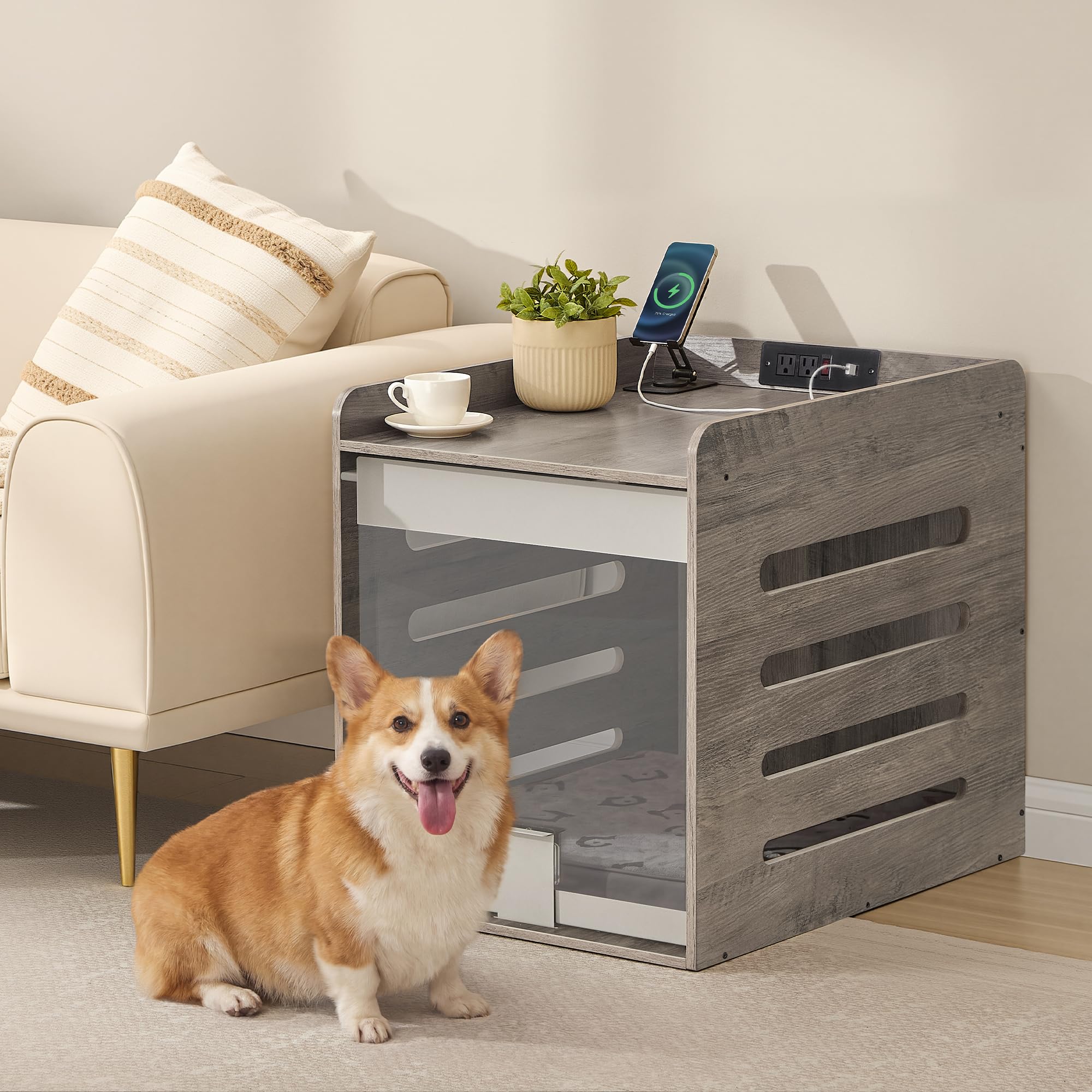 Feandrea modern dog crate table with charging station powering devices