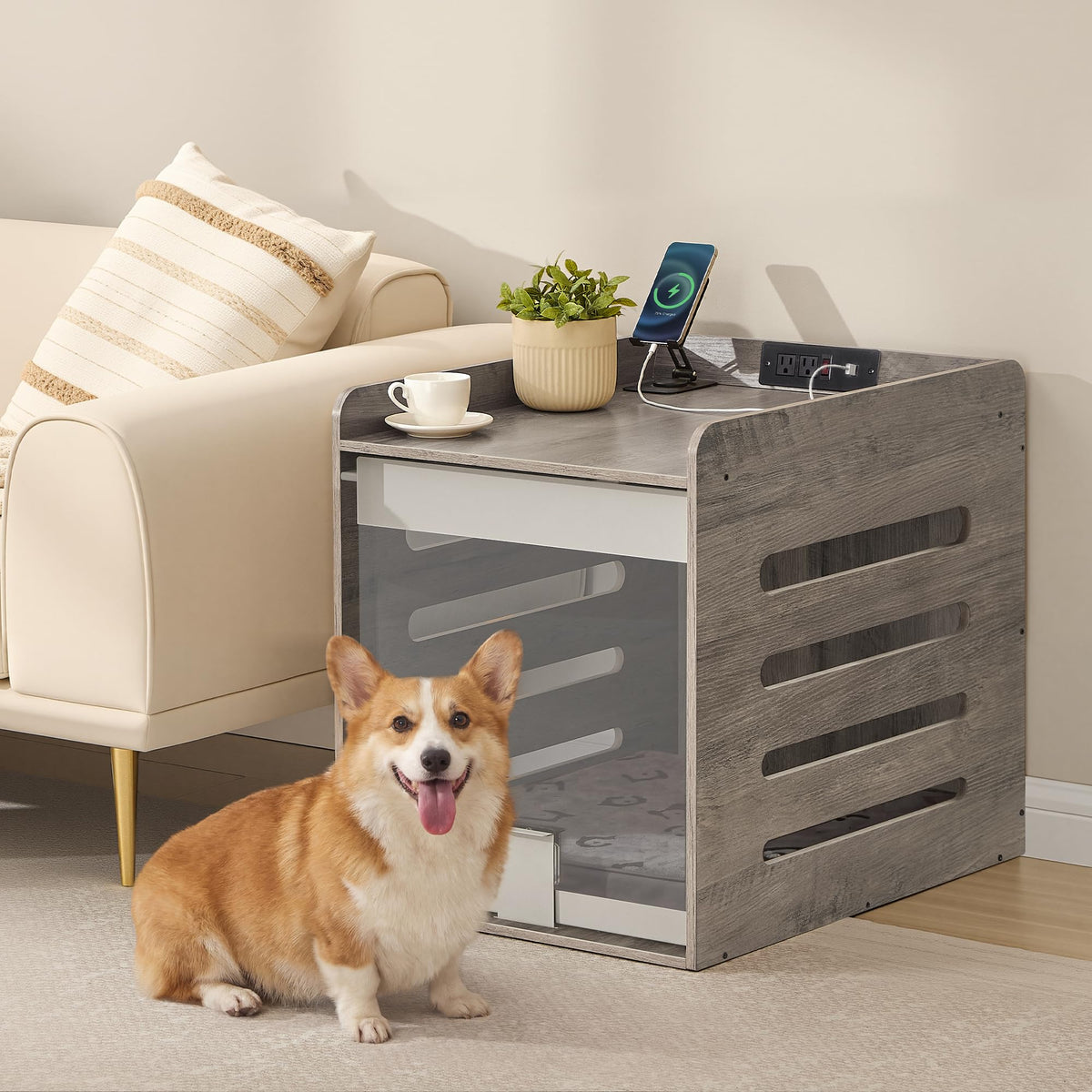 Feandrea modern dog crate table with charging station powering devices
