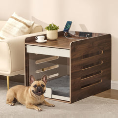 Feandrea modern dog crate table front view with built-in charging station for convenient charging.