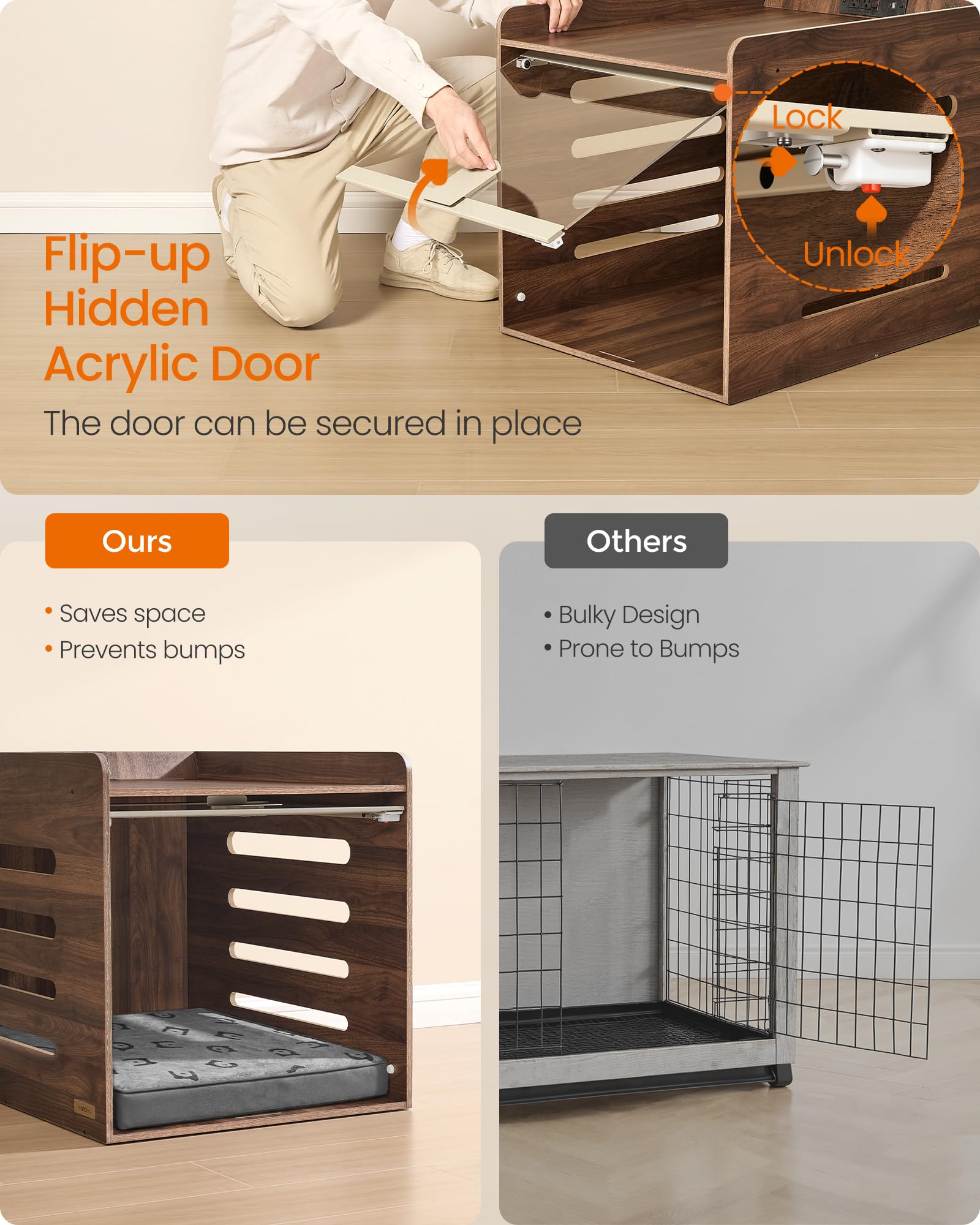 Feandrea modern dog crate table interior close-up illustrating roomy space for small dogs.