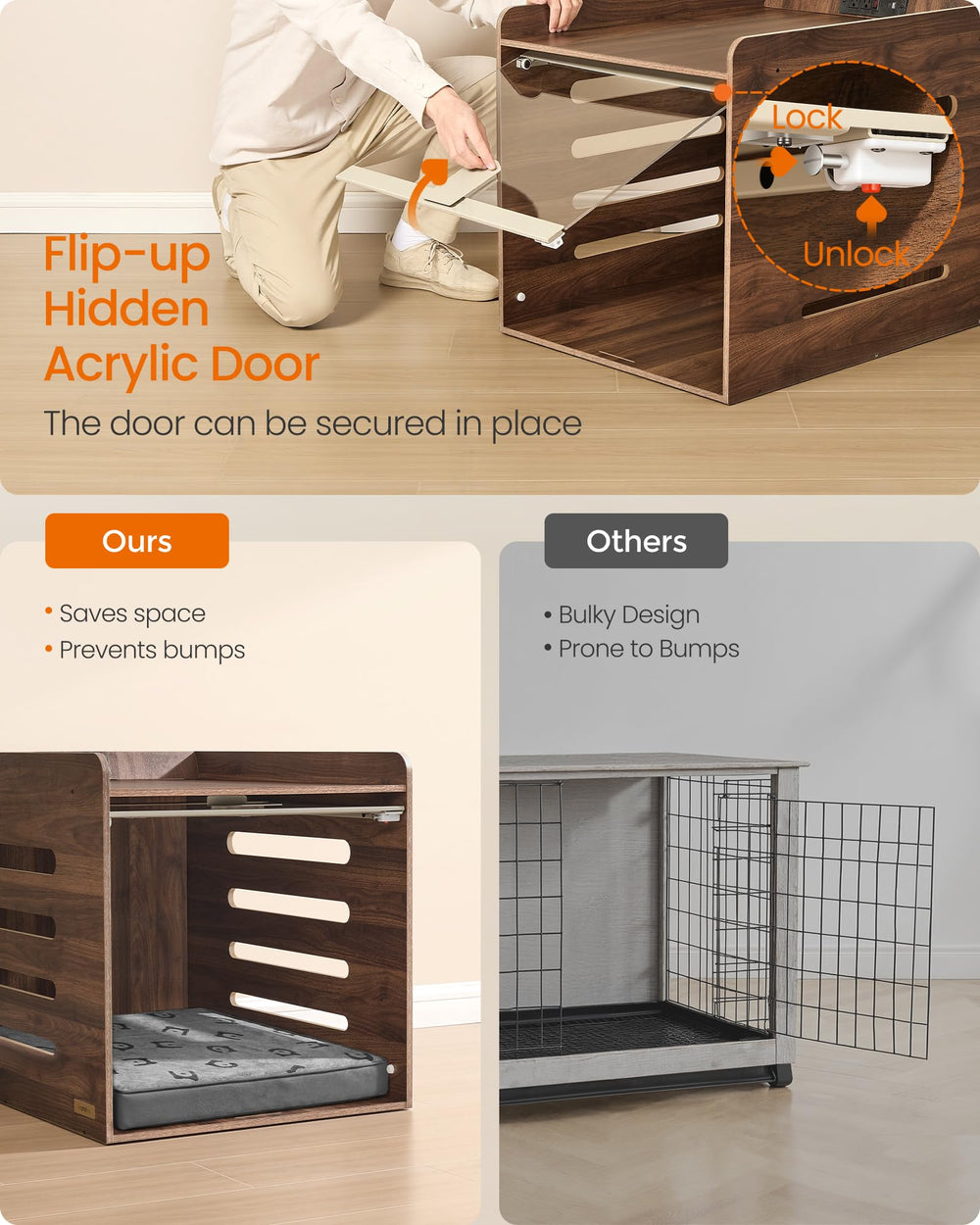 Feandrea modern dog crate table interior close-up illustrating roomy space for small dogs.
