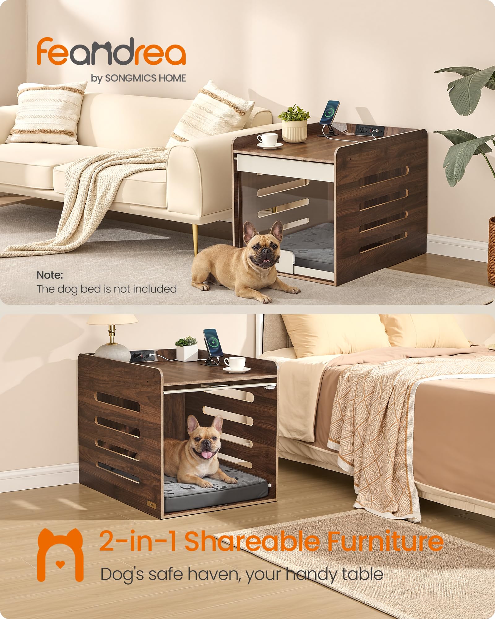 Feandrea modern dog crate table side view highlighting space-saving design for compact rooms.