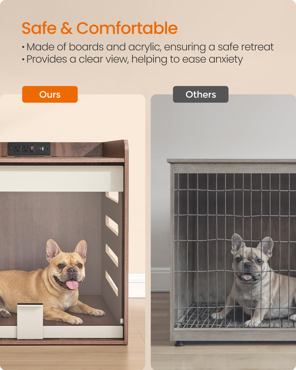 Feandrea modern dog crate table wood grain texture emphasizes durable, stylish pet furniture.