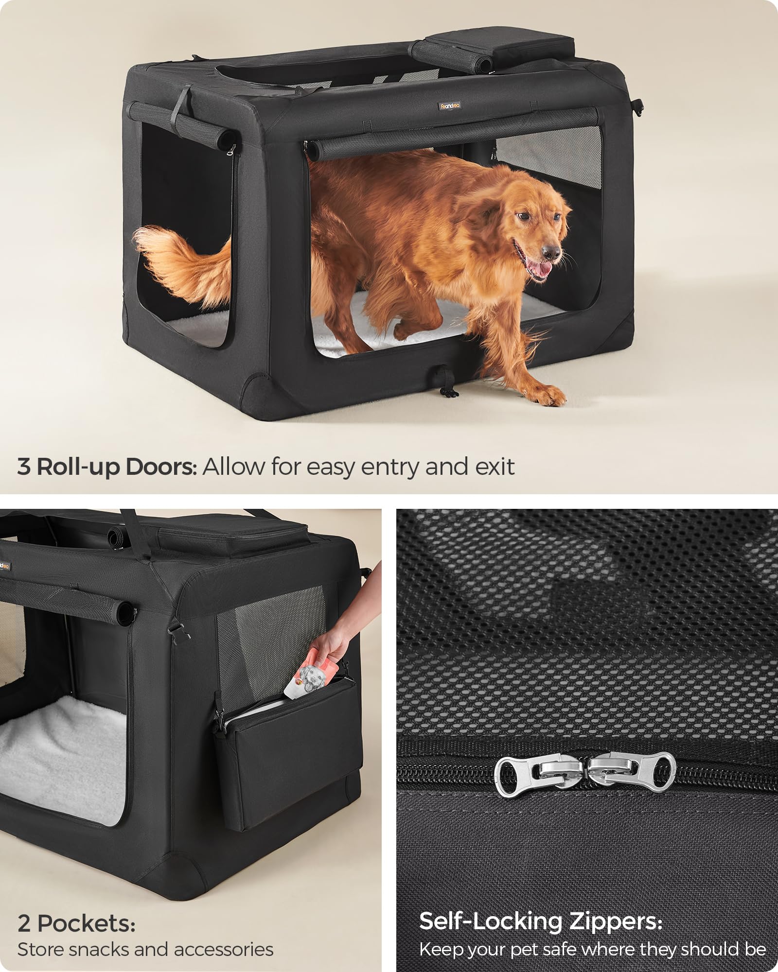 Compact folding and carry handle on Feandrea crate for travel