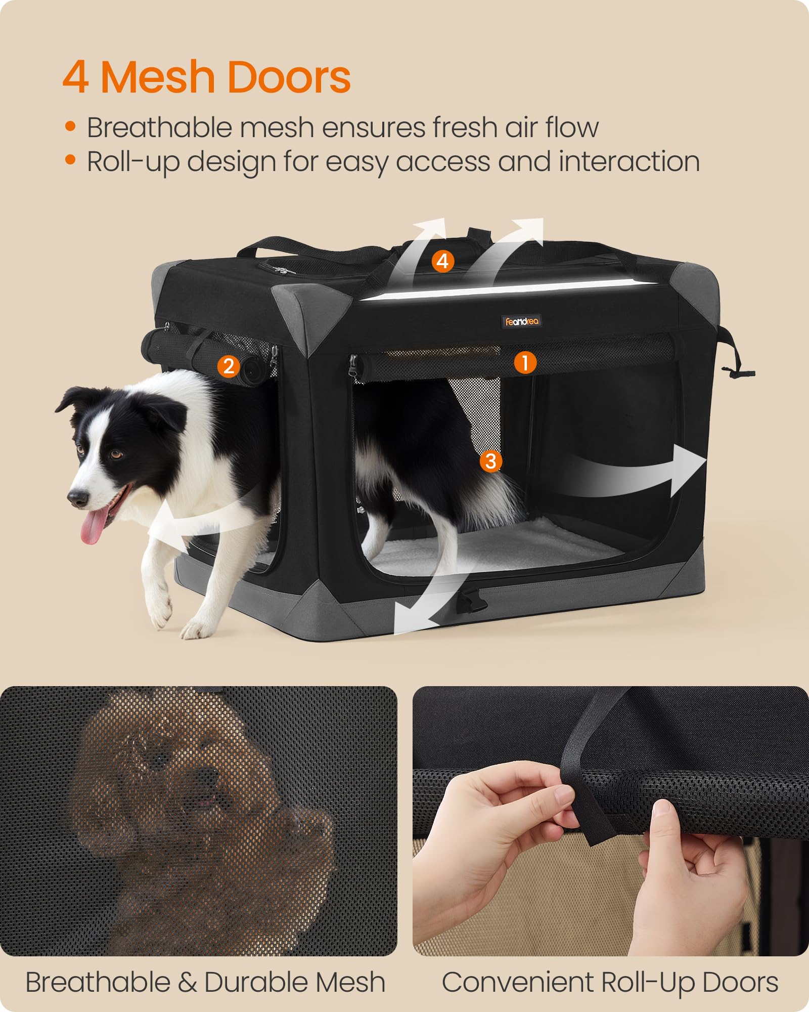 Feandrea crate includes removable fleece pad for cozy comfort during trips.