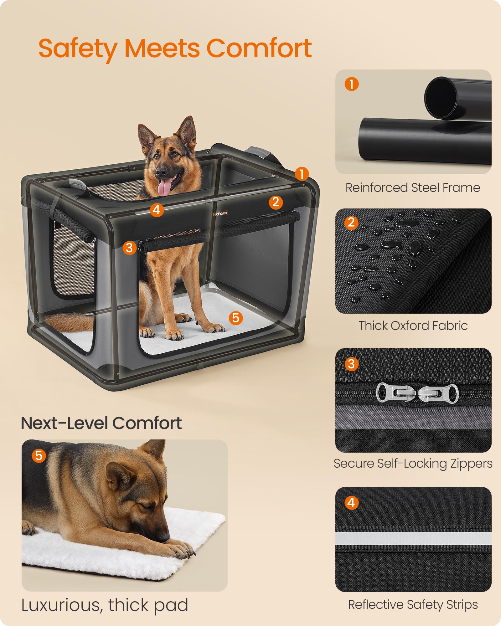 Feandrea Sherpa fleece pad inside crate offers cozy rest space.