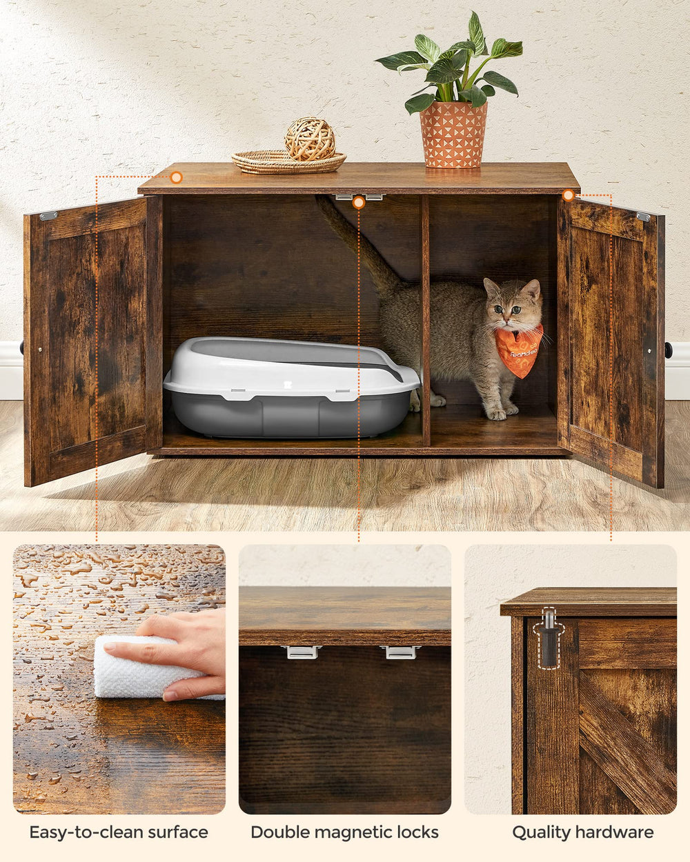 Feandrea spacious interior accommodates most litter boxes and keeps top surface versatile