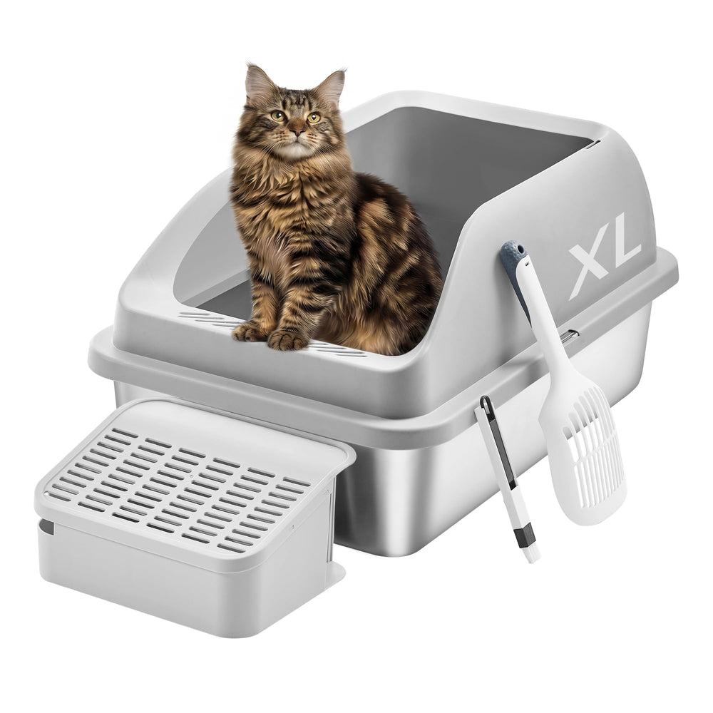 Feandrea stainless-steel cat litter box, top view, durable and easy cleaning.