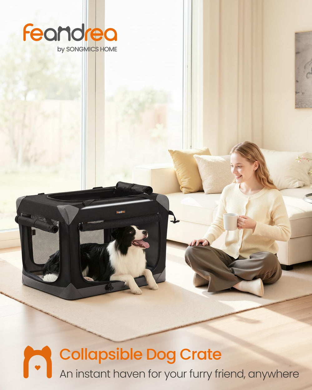 Feandrea travel dog crate with four mesh doors for ventilation on the go.