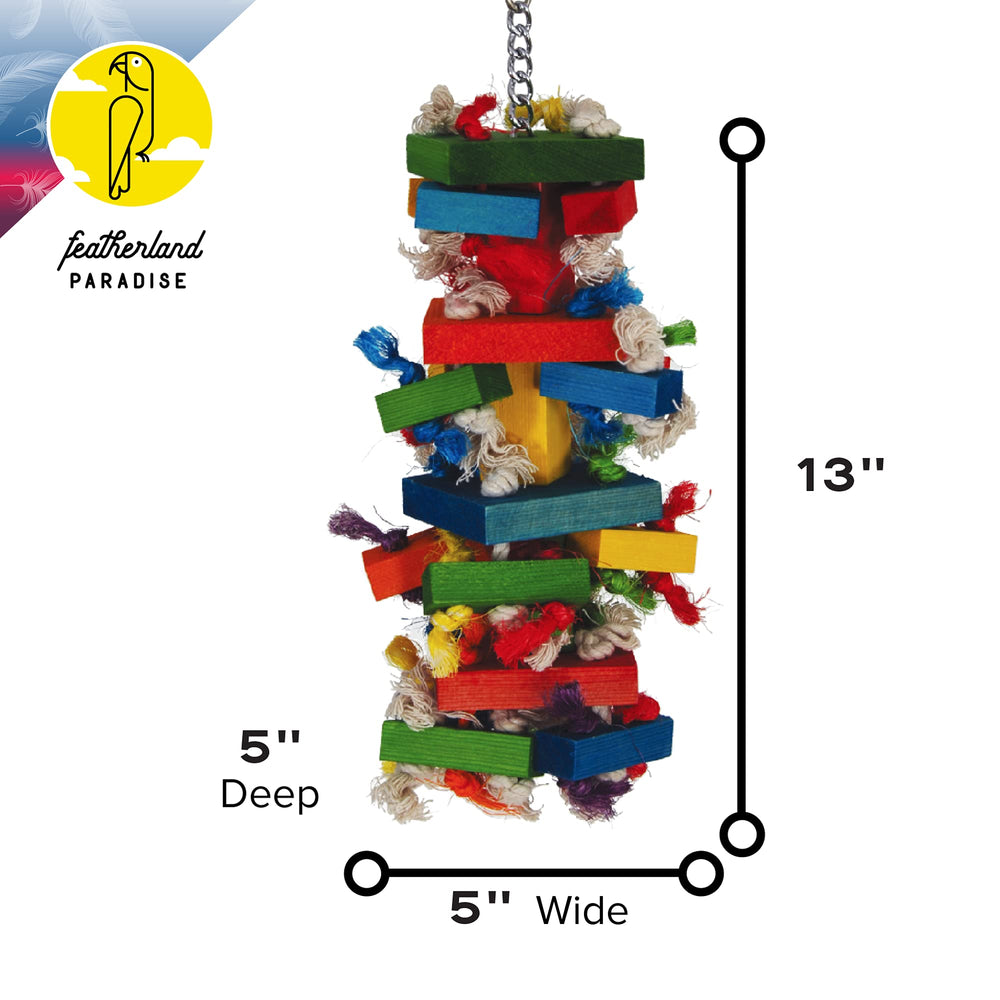 Featherland Paradise knots and blocks toy for macaws promotes interactive play.