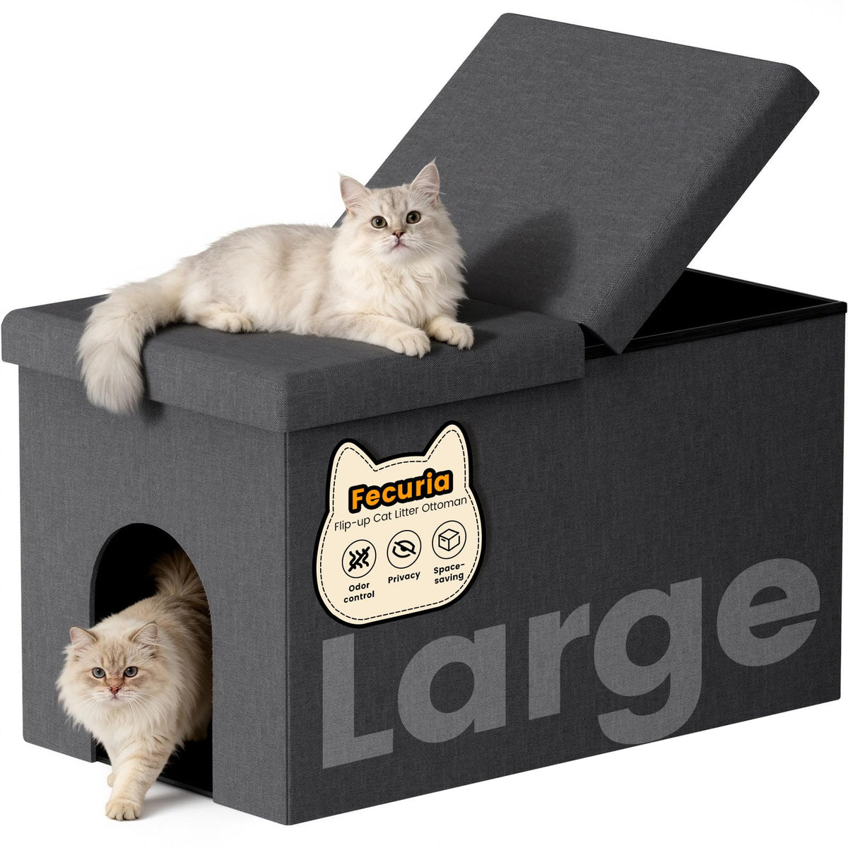 Fecuria 3-in-1 enclosure in dark grey blends discreet litter management with chic furniture.