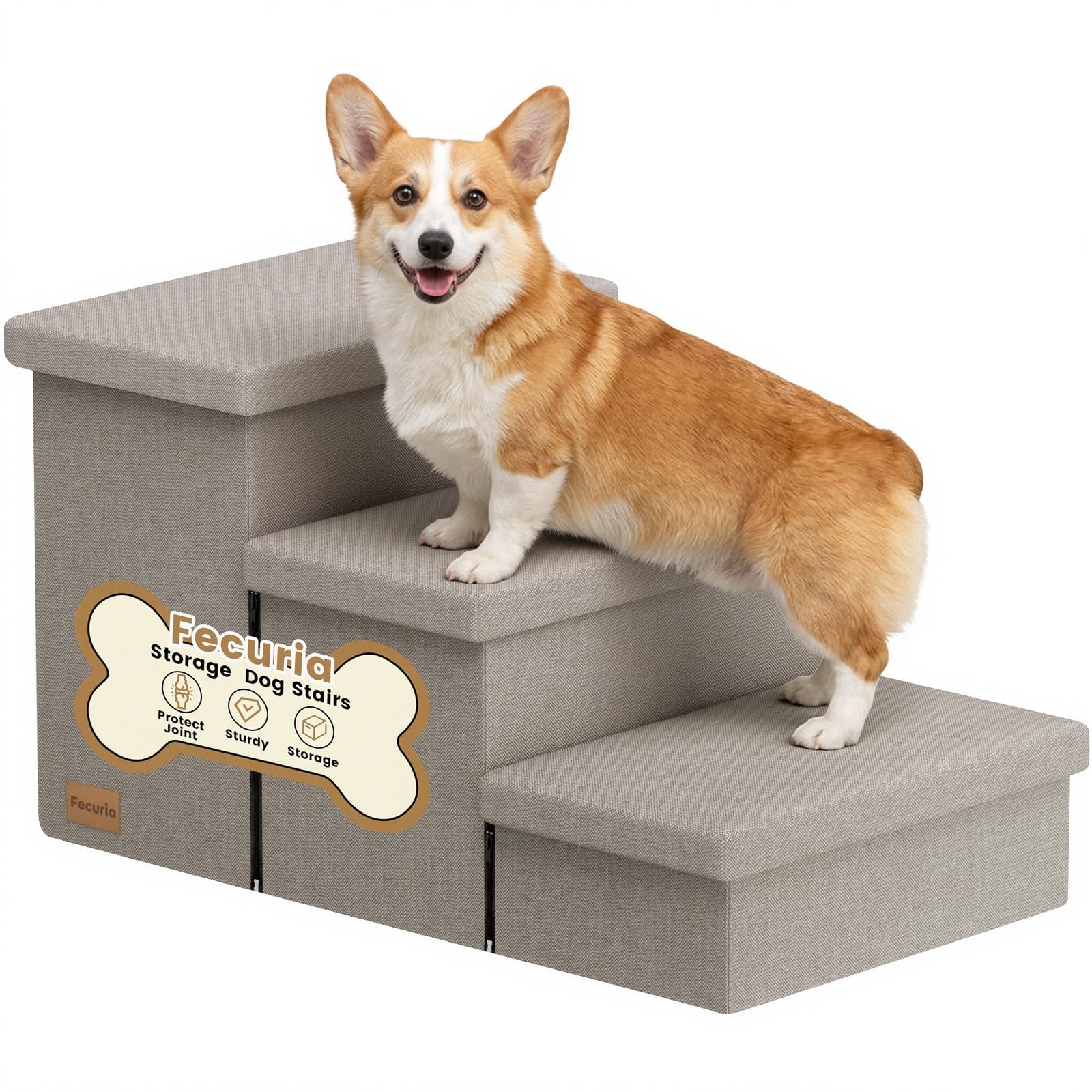 Fecuria 3-step wide dog stairs with hidden storage lid for clutter-free corners.