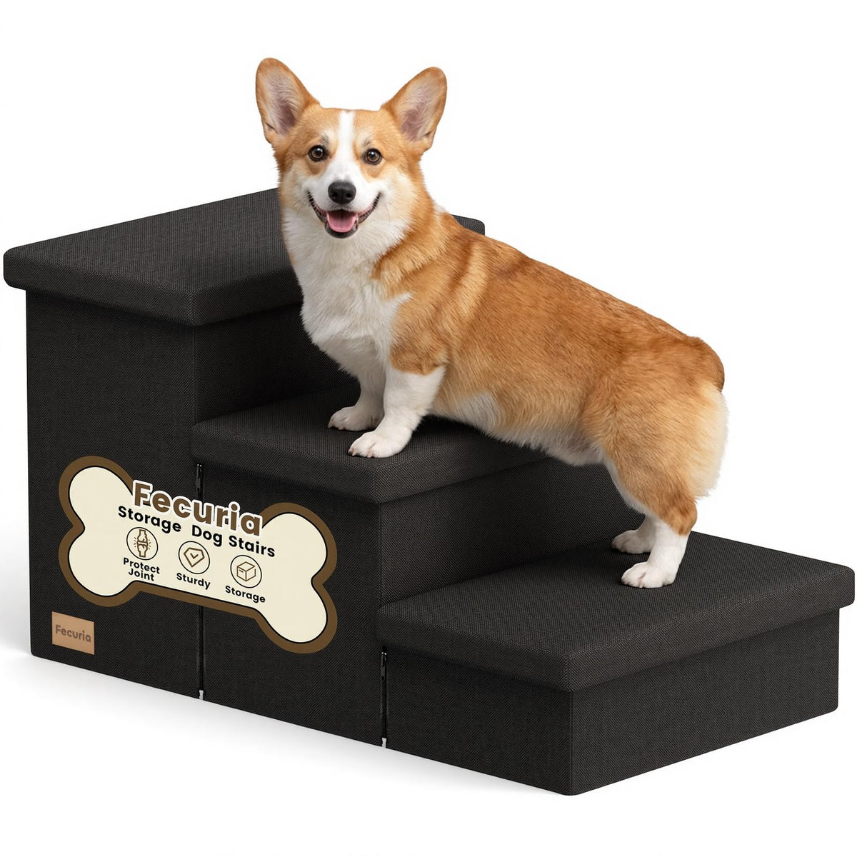 Fecuria 3-step wide dog stairs with storage lid, shown beside a bed for easy access