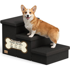Fecuria 3-step wide dog stairs with storage lid, shown beside a bed for easy access