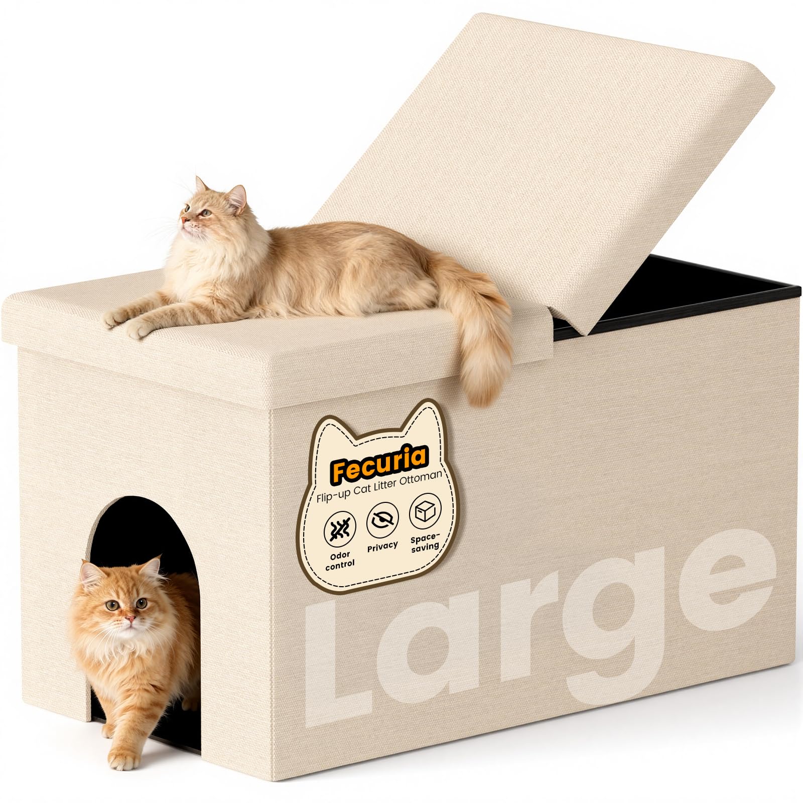 Fecuria 3-in-1 cat litter box enclosure close-up in beige with a sleek lid.
