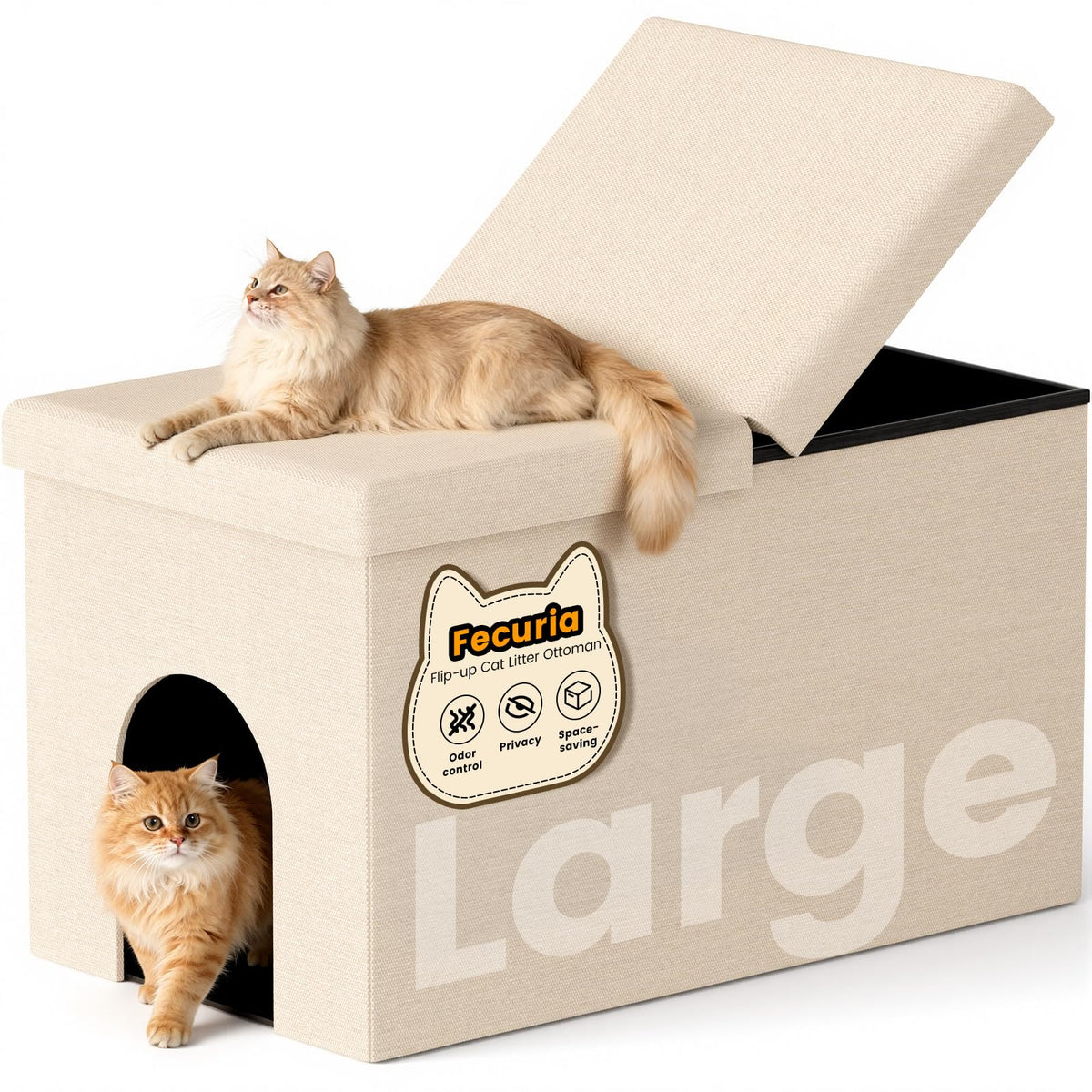 Fecuria 3-in-1 cat litter box enclosure close-up in beige with a sleek lid.