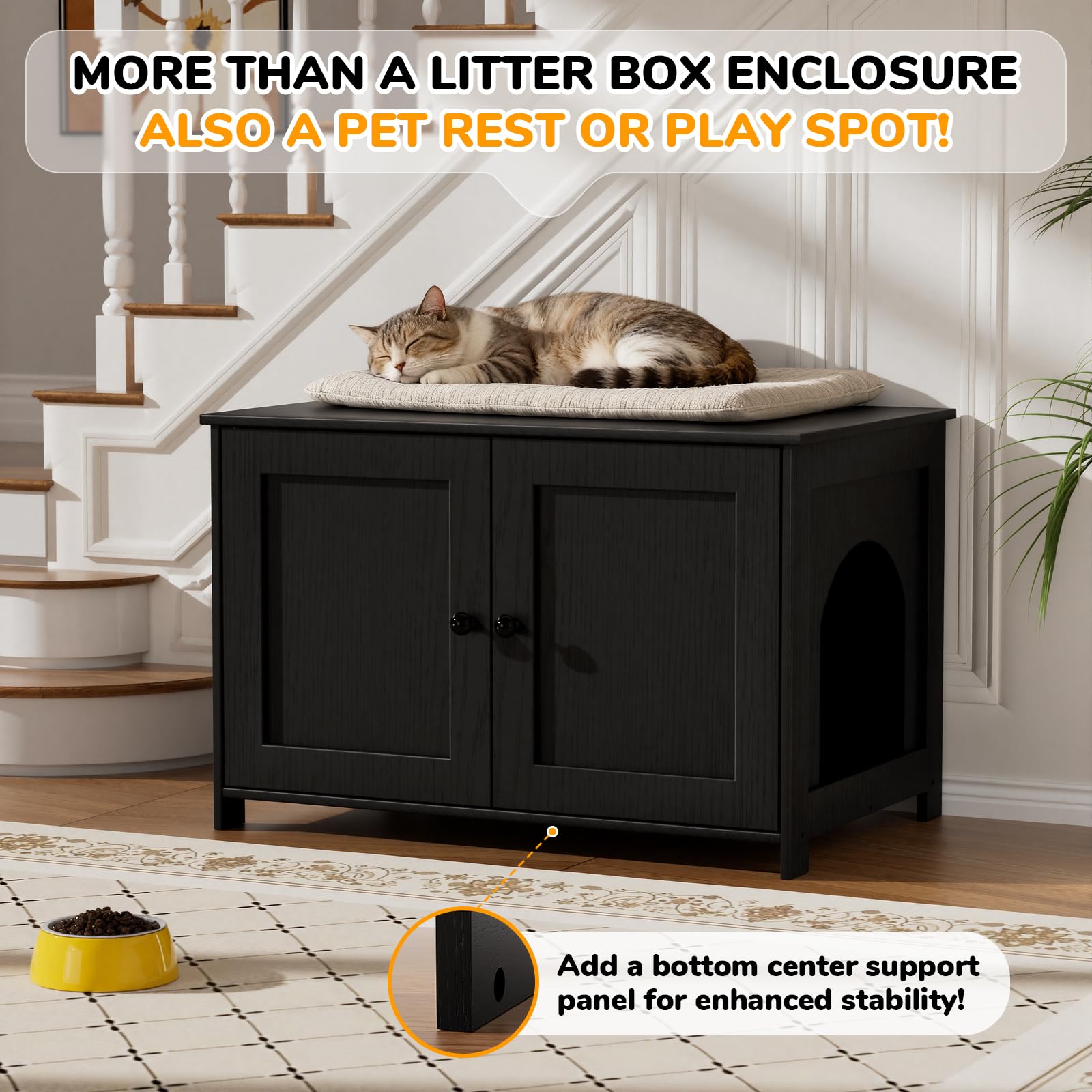 Top surface usable for decorative items or extra storage on the cabinet.