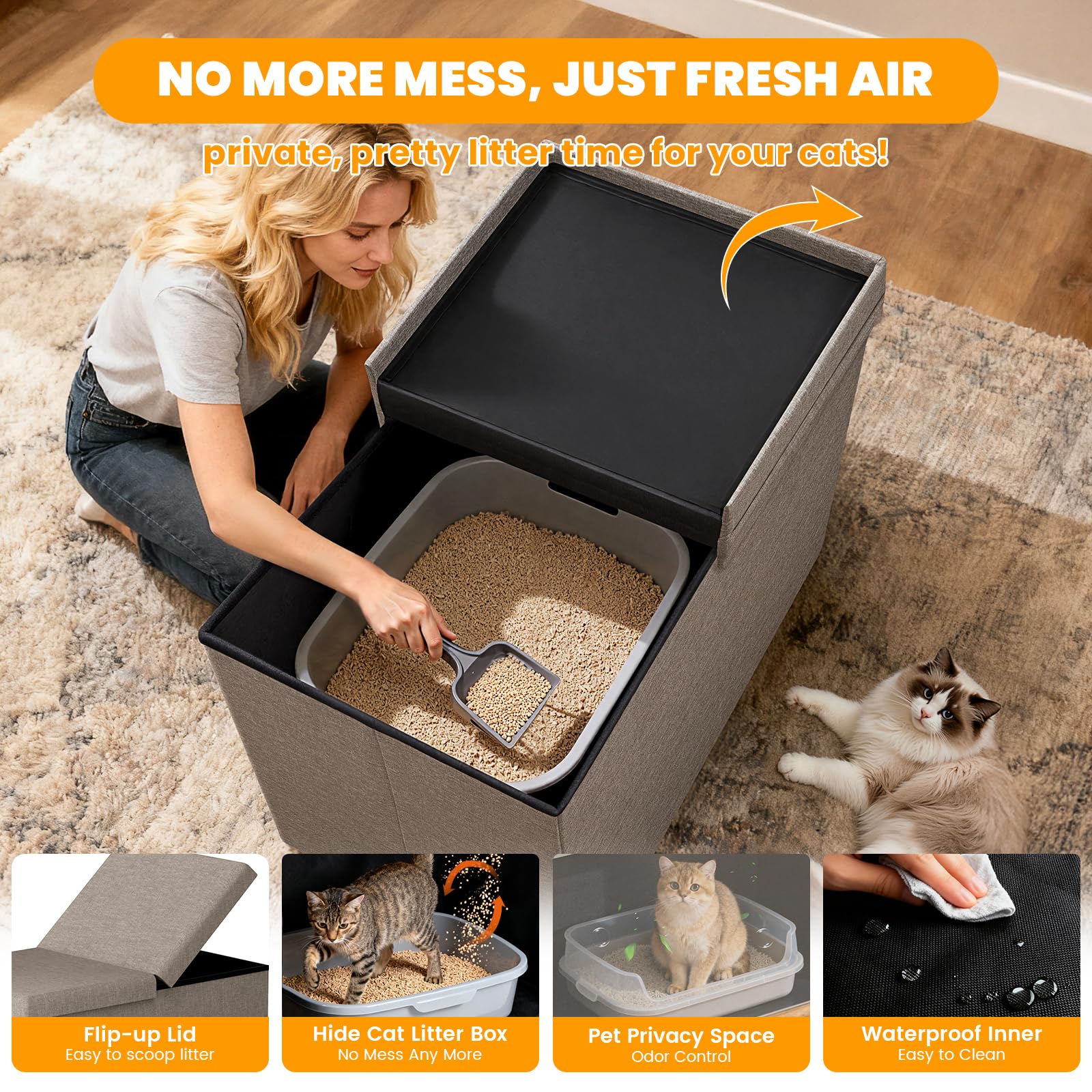 Fecuria cat litter box furniture featuring a flip-up lid for easy cleaning access.