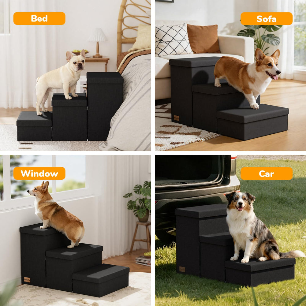 Fecuria dog stairs in use by a dog climbing onto a bed