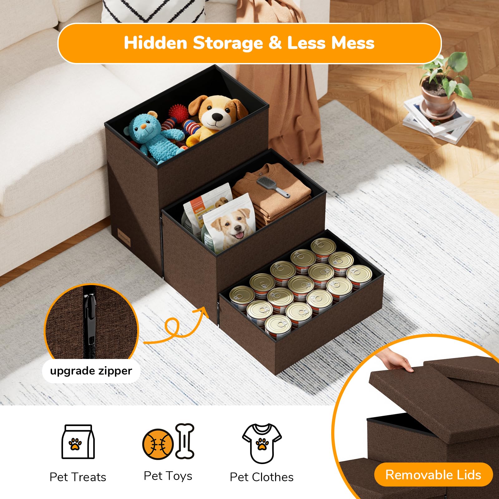 Fecuria dog stairs hidden storage bin keeps toys neatly organized and out of sight.