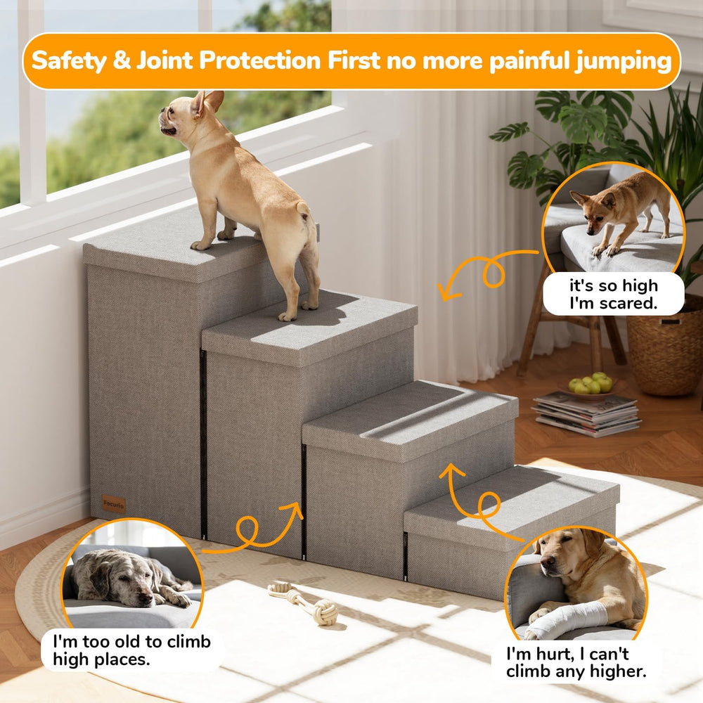 Fecuria stairs with removable padded covers for easy cleaning.