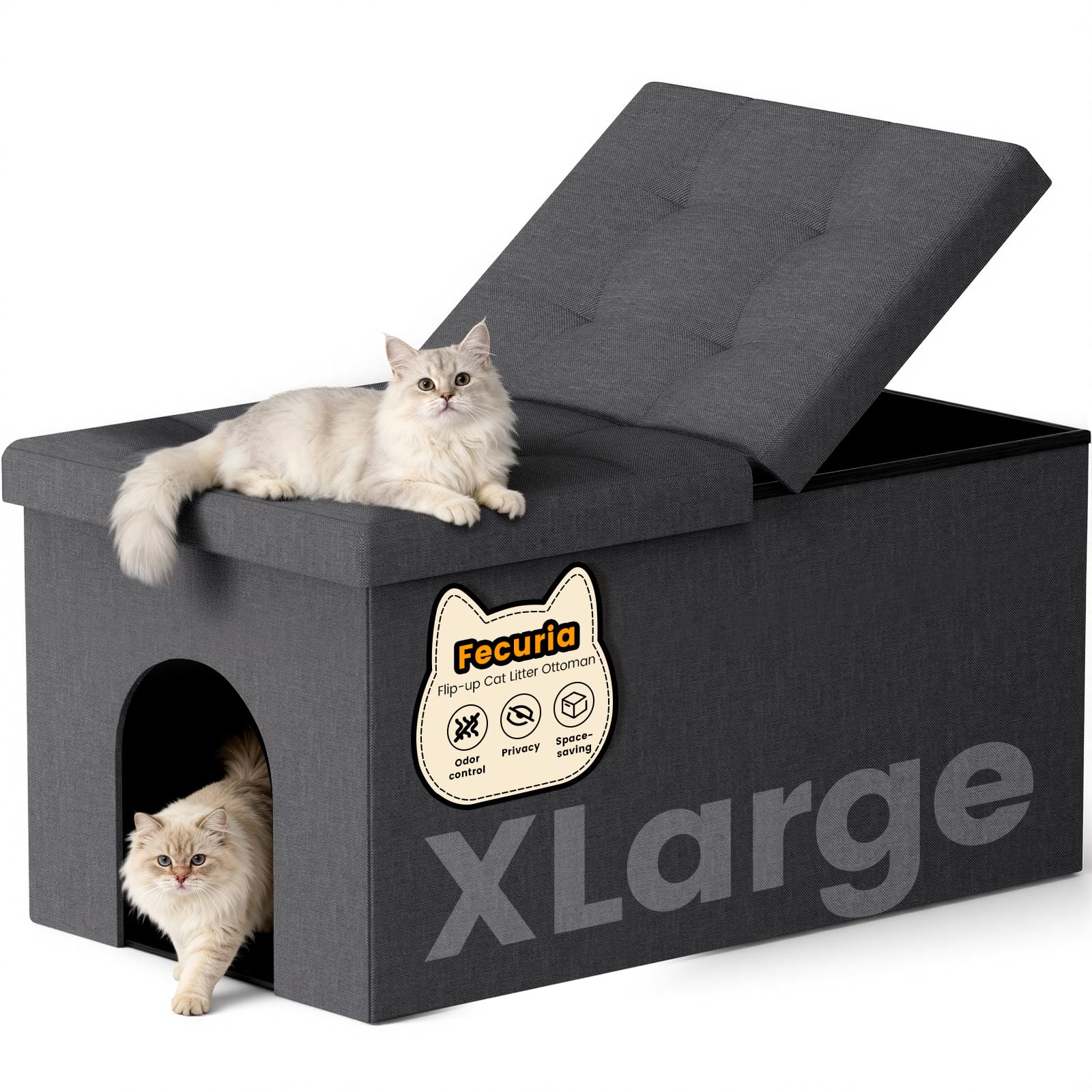 Fecuria hidden litter box ottoman blends with decor while concealing litter.