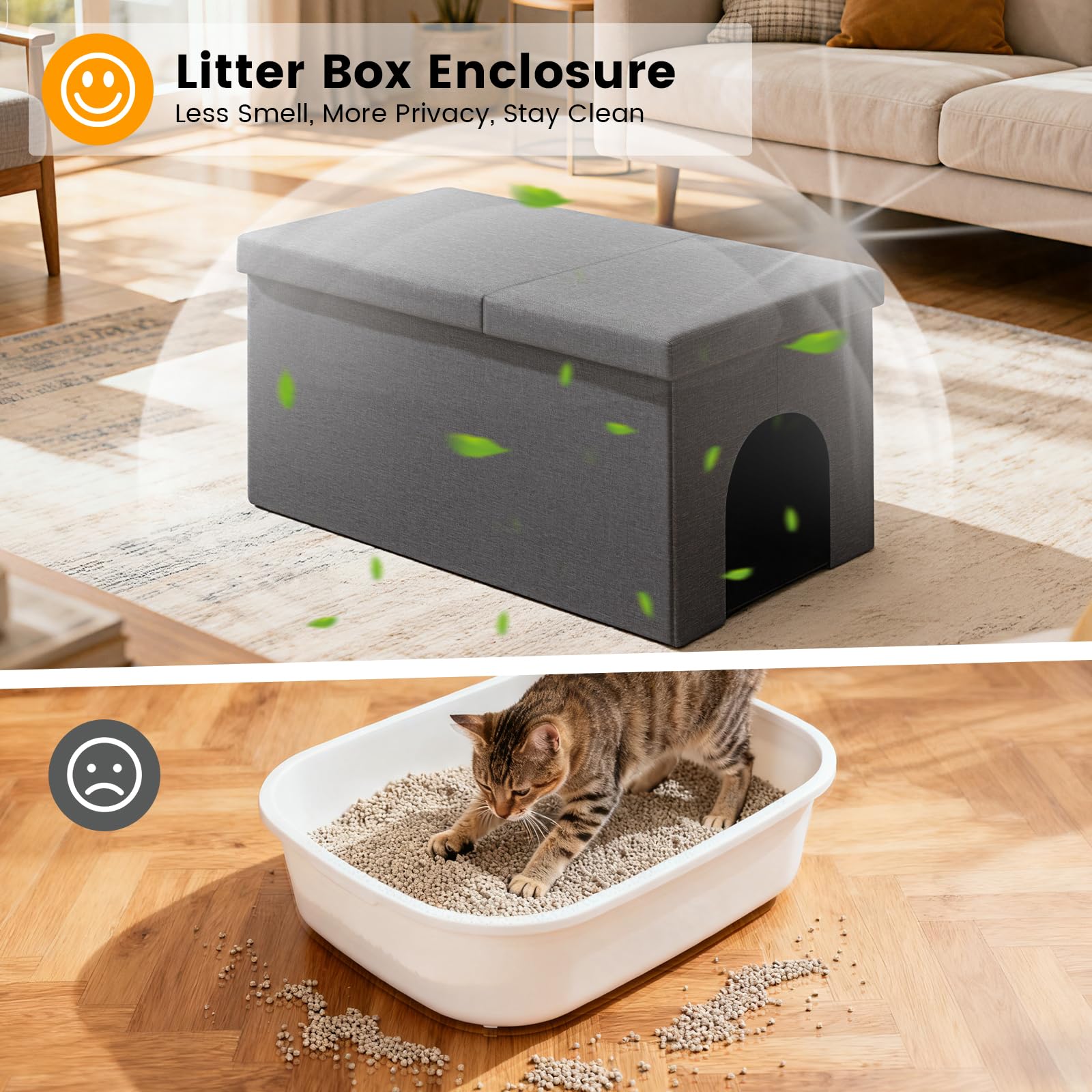 Fecuria hidden litter box ottoman keeps clutter out of sight while serving as seating.