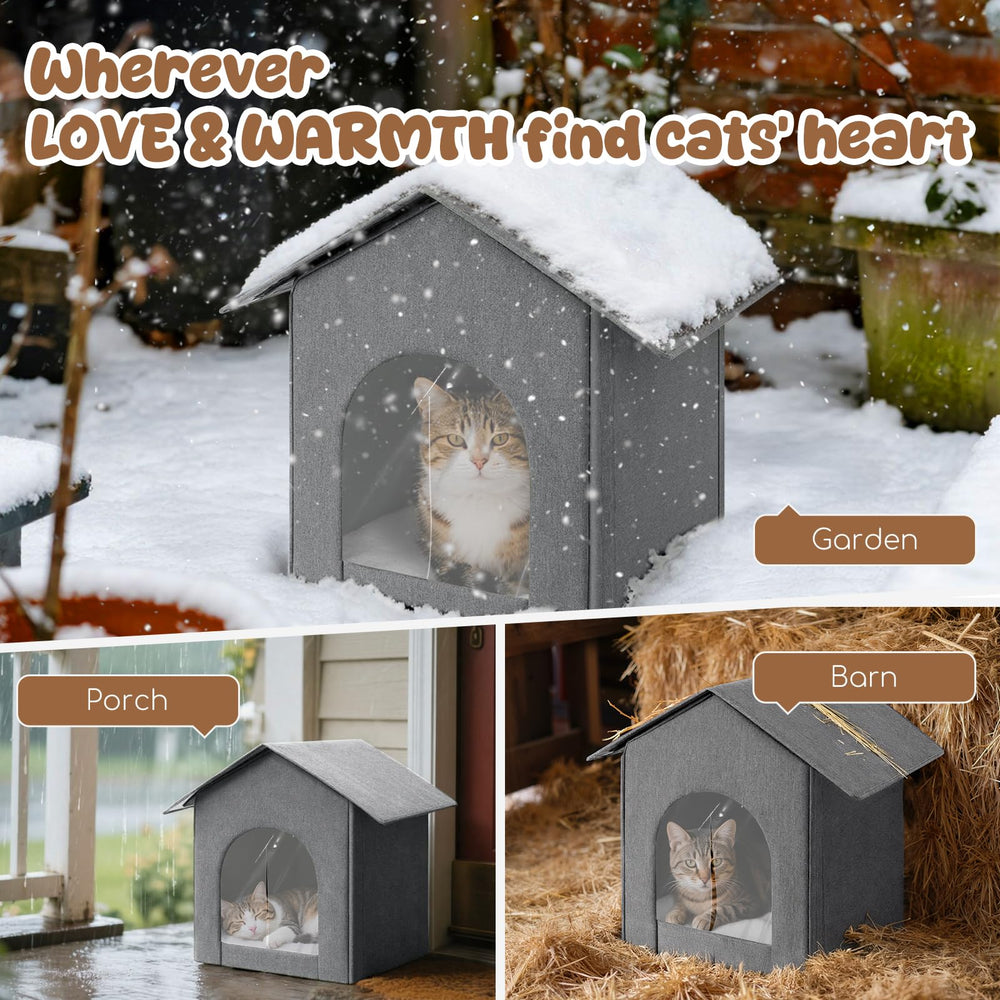 Fecuria cat house side view with door curtain for wind protection